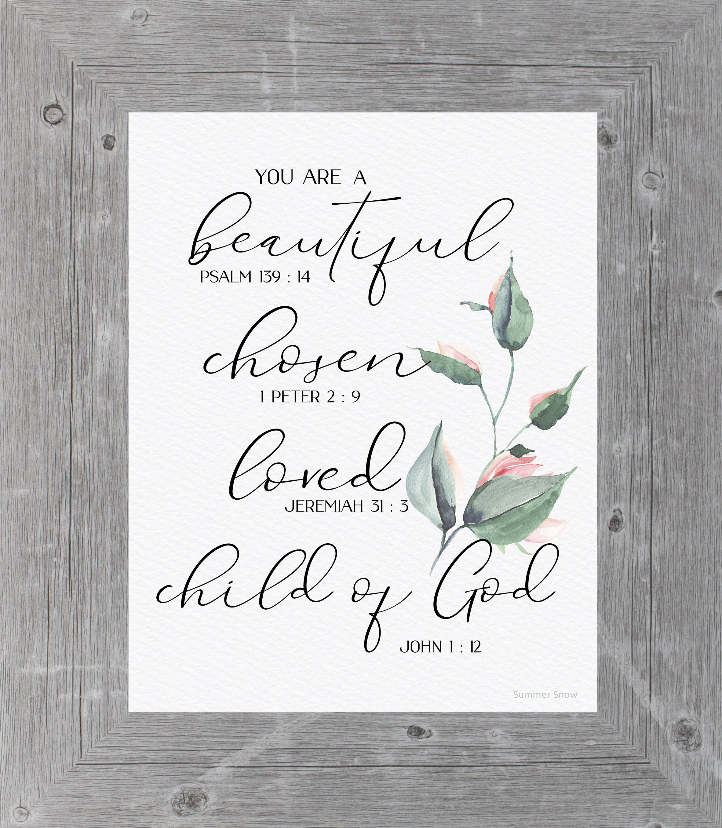 Framed Christian nursery art with pink and green flower, neutral background, and the quote “You are a beautiful, chosen, loved child of God”