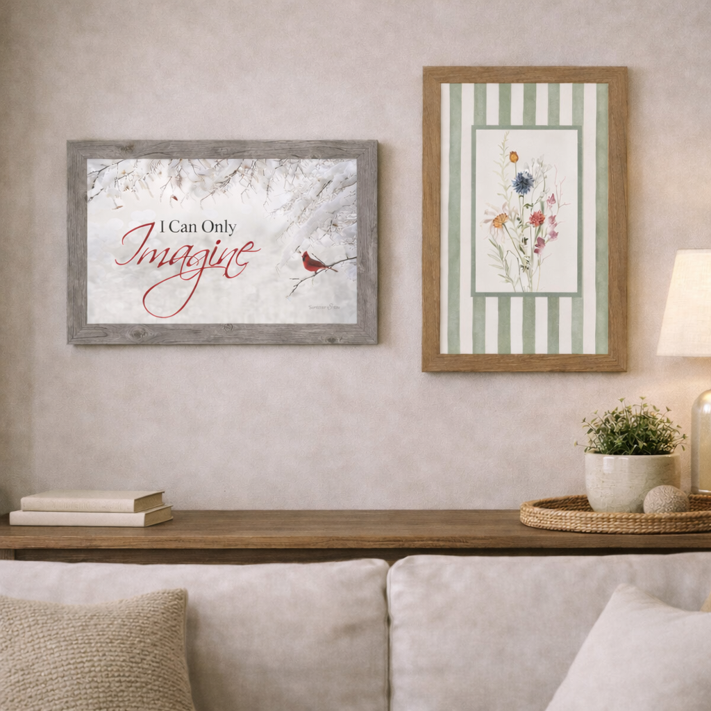 15x20 framed wall art shown on a wall in both vertical and horizontal orientations, featuring a solid wood frame and balanced mid-size proportions.