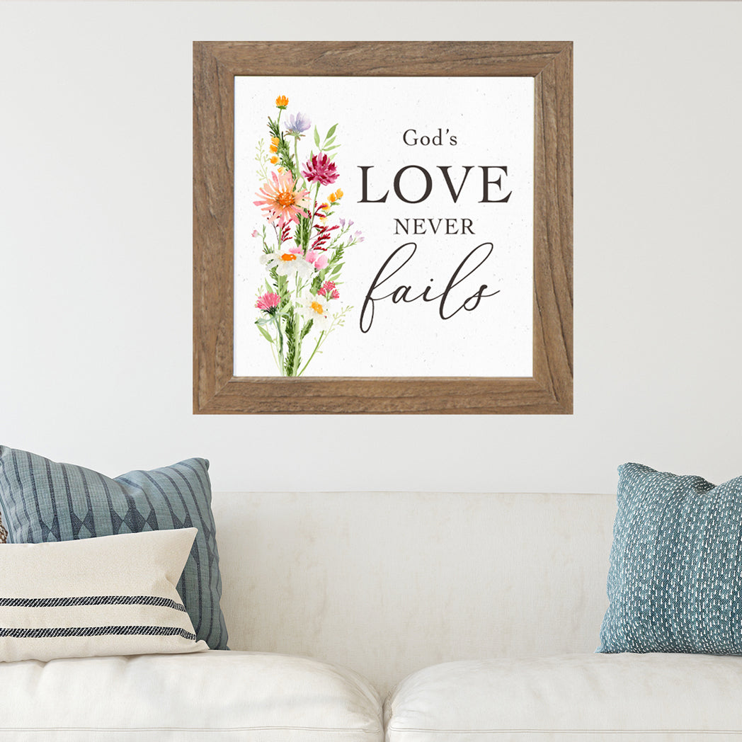 Framed spiritual wall art with calming quote in neutral tones and rustic frame, glittered and ready to hang