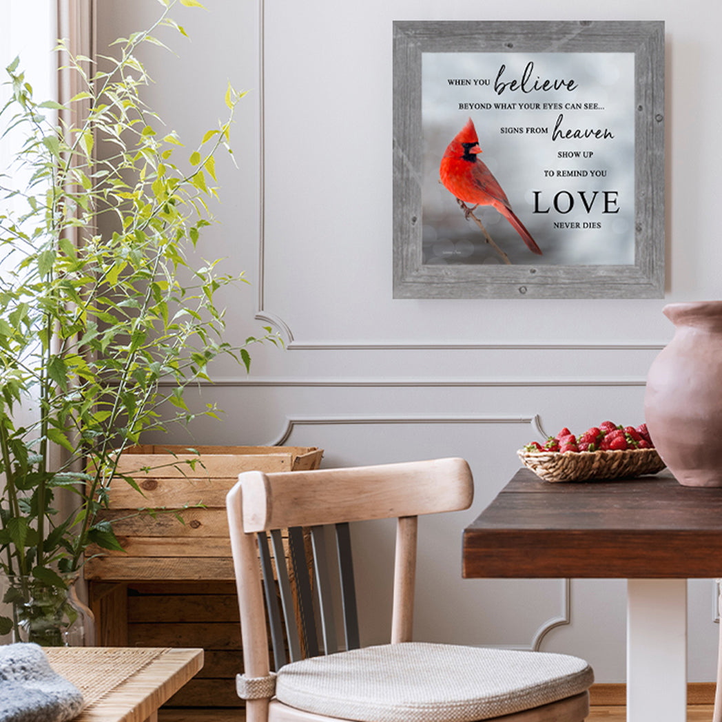 Framed sympathy wall art with cardinal design and comforting message of remembrance