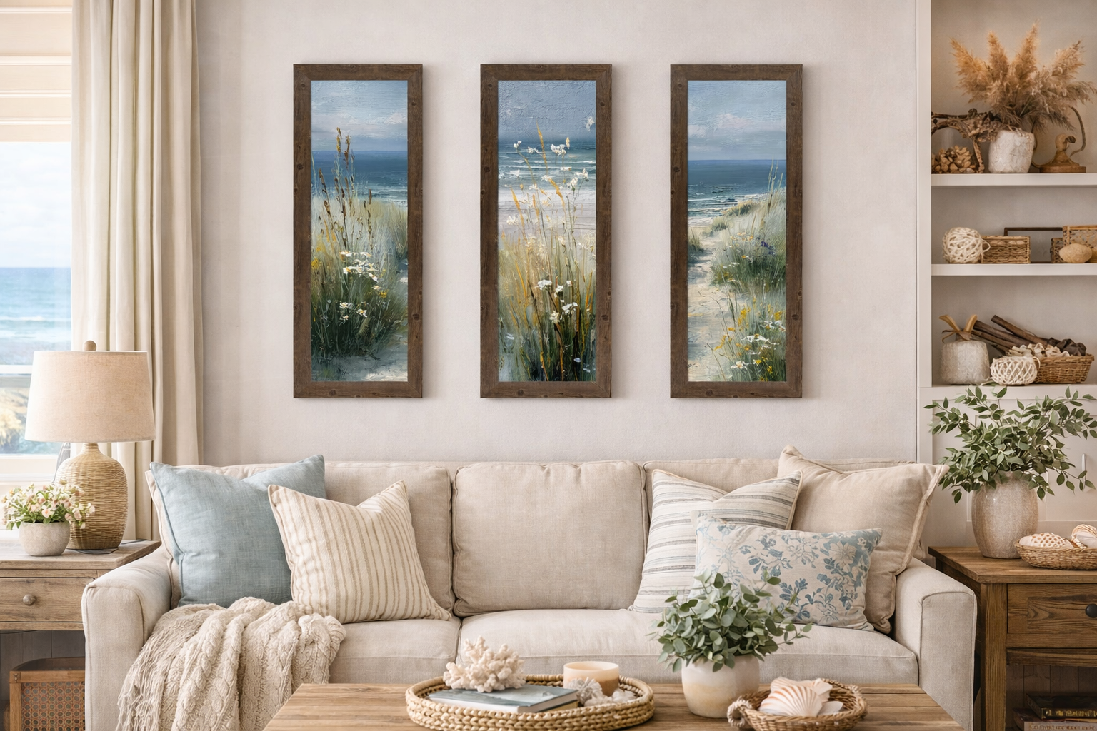 Three Natural Brown framed coastal path narrow portrait triptych panels displayed side by side above a cream sofa in a coastal living room with woven lamp eucalyptus greenery striped pillows and coral and shell decor on the coffee table (Center Listing)