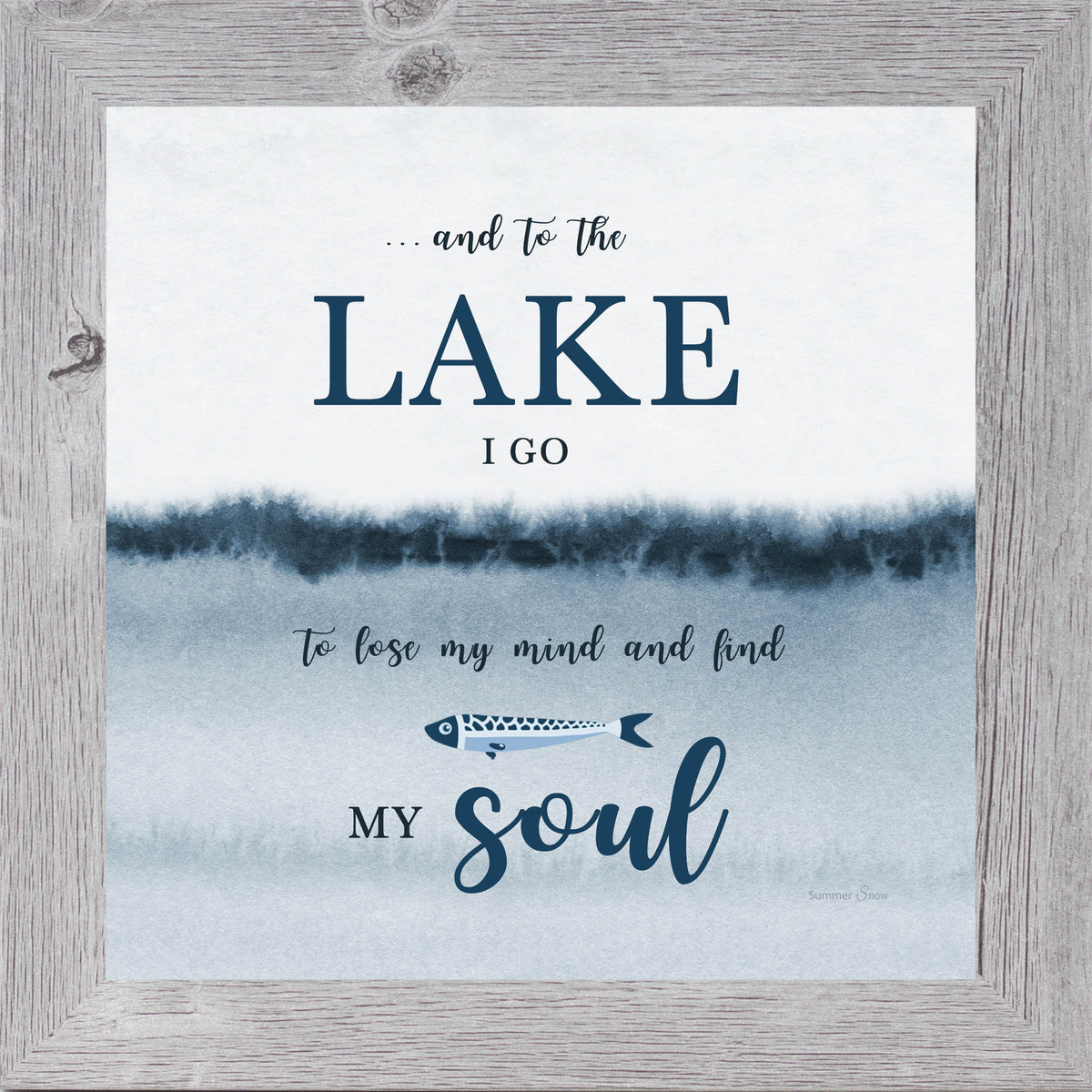 Lake house framed wall art featuring And to the Lake I Go quote with calm lake imagery and neutral tones, inspirational decor for cabin or cottage