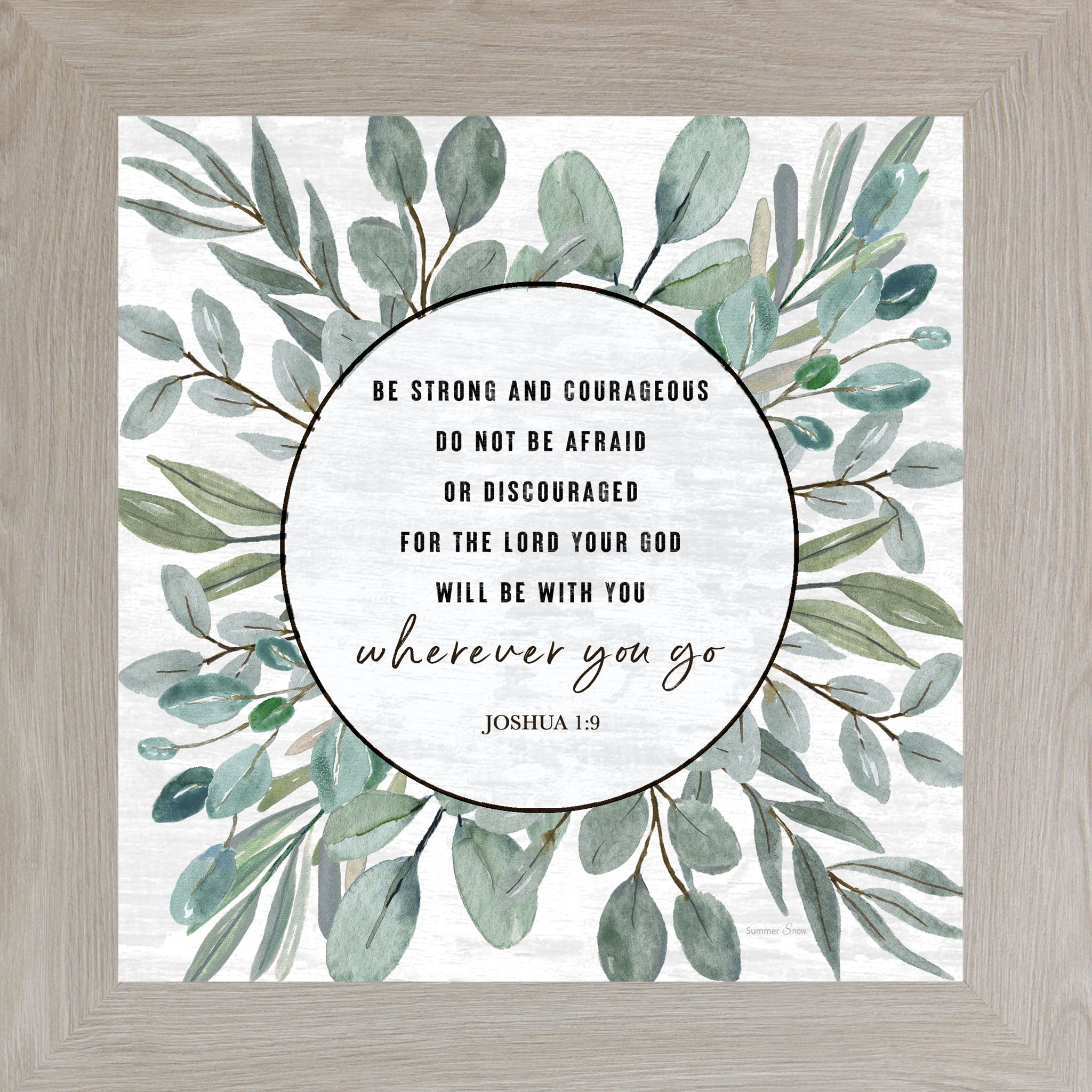 Christian framed wall art featuring Be Strong and Courageous scripture from Joshua 1:9 with peaceful nature background and neutral tones, faith based decor