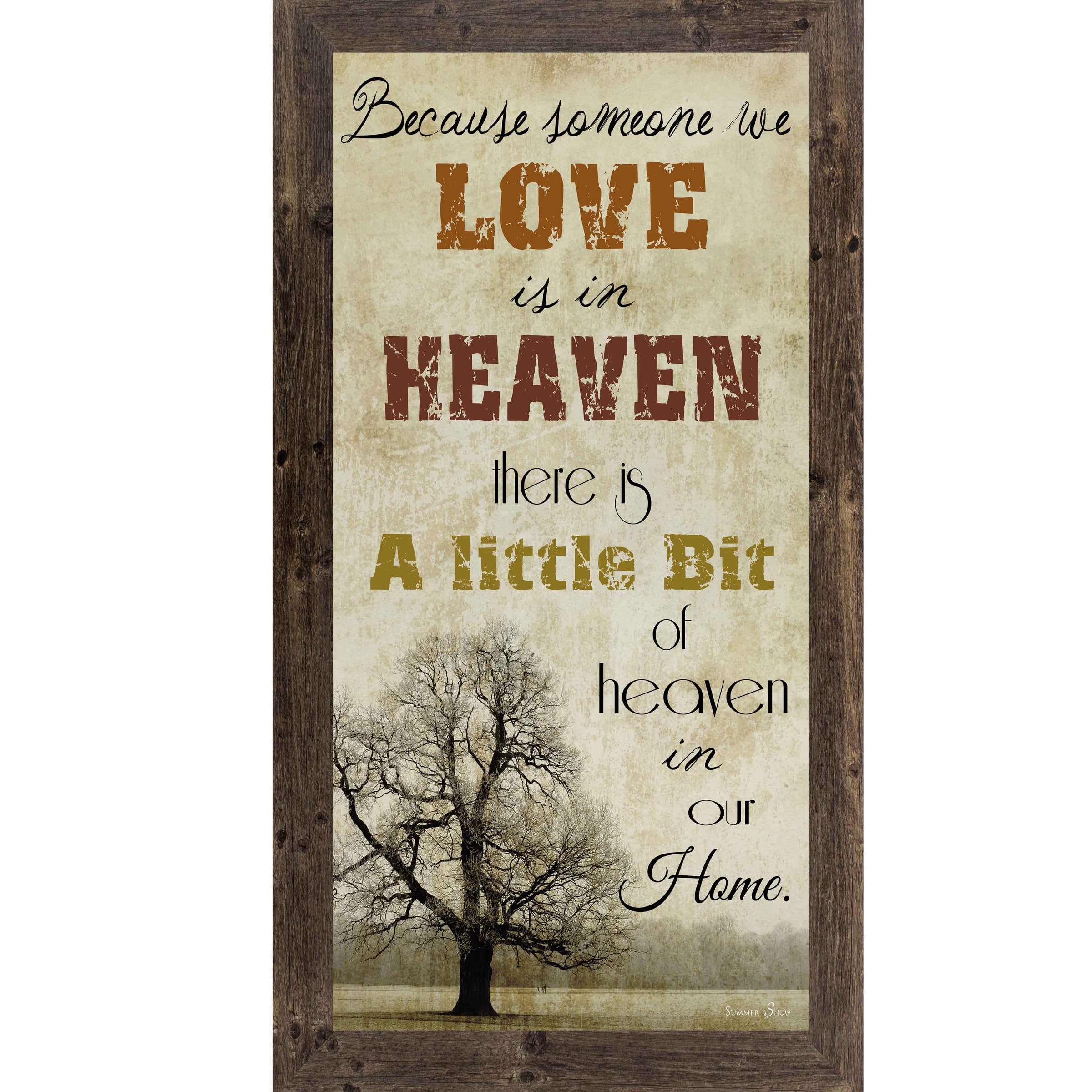 Sympathy memorial wall art featuring a solitary tree in a field with the words Because someone we love is in heaven there is a little bit of heaven in our home in a vertical format