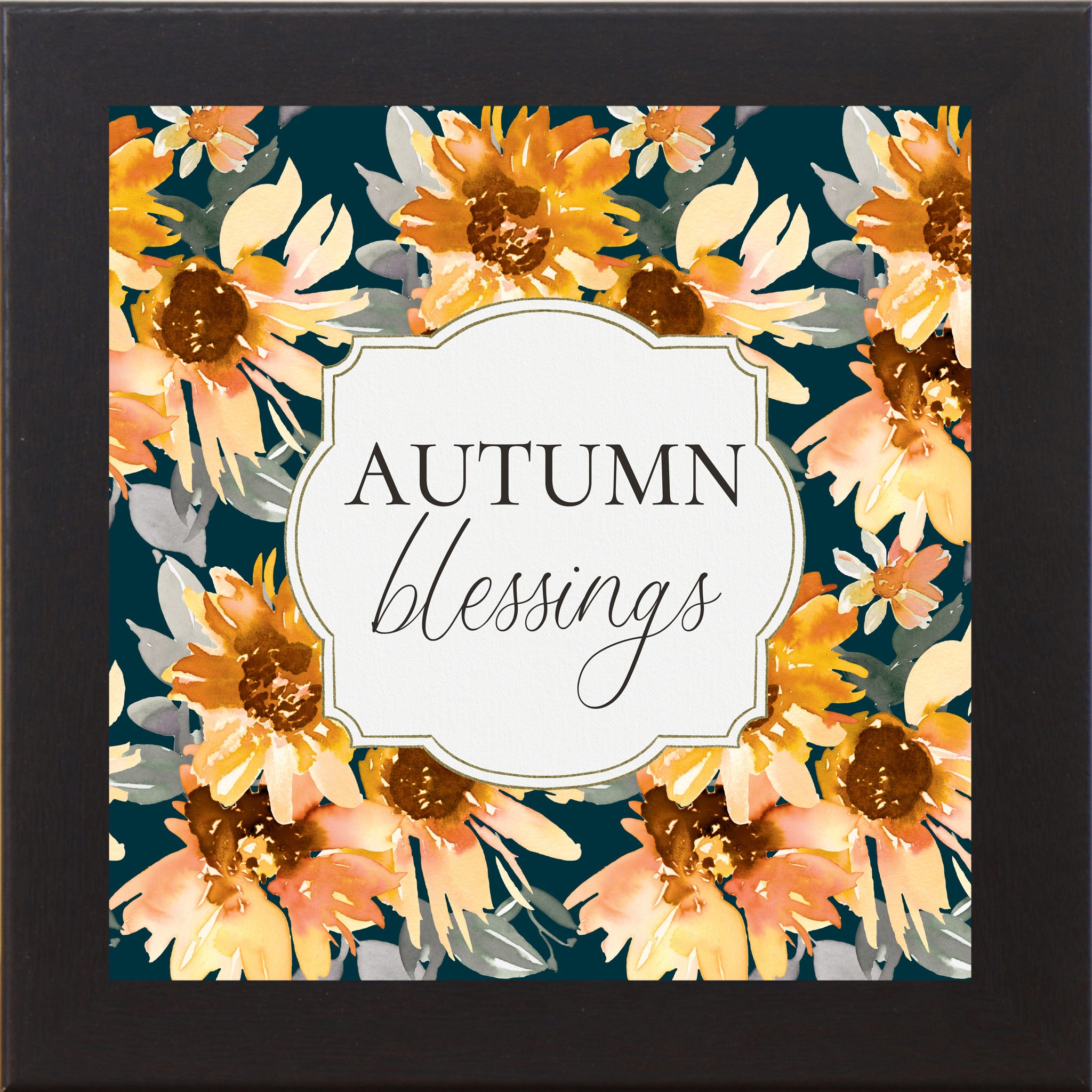 Black framed square fall wall art featuring watercolor sunflowers in gold orange and peach on deep navy teal background with the words "Autumn Blessings" — SB307