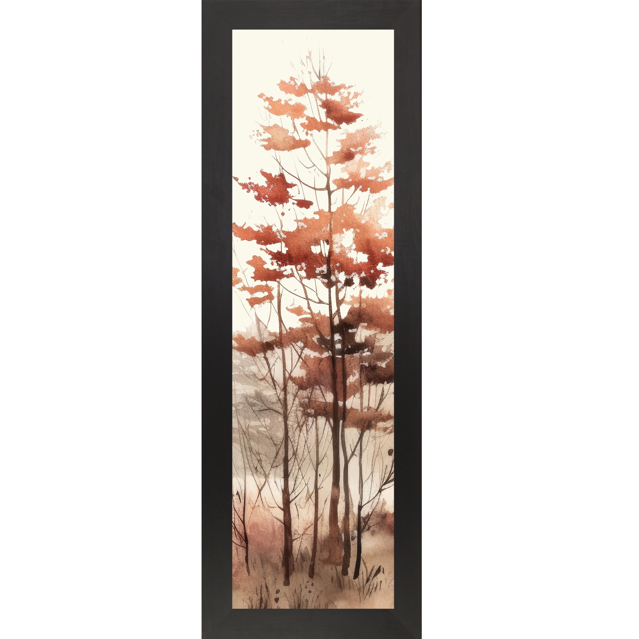 Black framed narrow portrait fall wall art featuring a cluster of tall autumn trees with russet and burnt orange foliage and bare branches in layered misty watercolor style