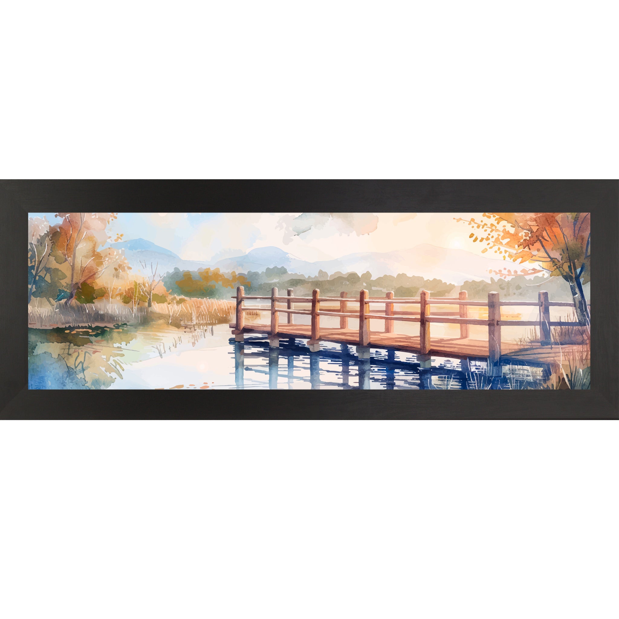 Black framed wide panoramic scenic wall art featuring a watercolor autumn bridge over still lake water with golden sunburst amber autumn trees and misty mountains