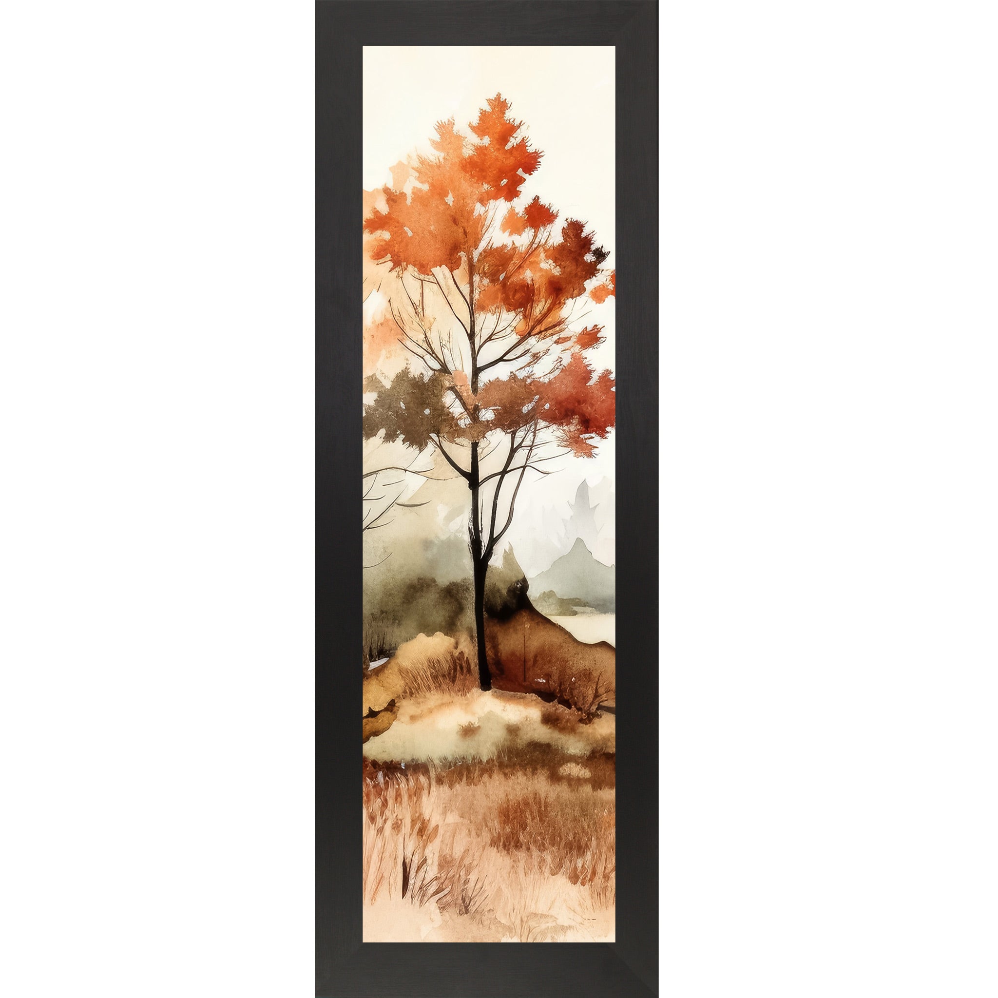 Black framed narrow portrait fall wall art featuring a single autumn tree in loose watercolor style with burnt orange canopy misty mountains and golden grasses
