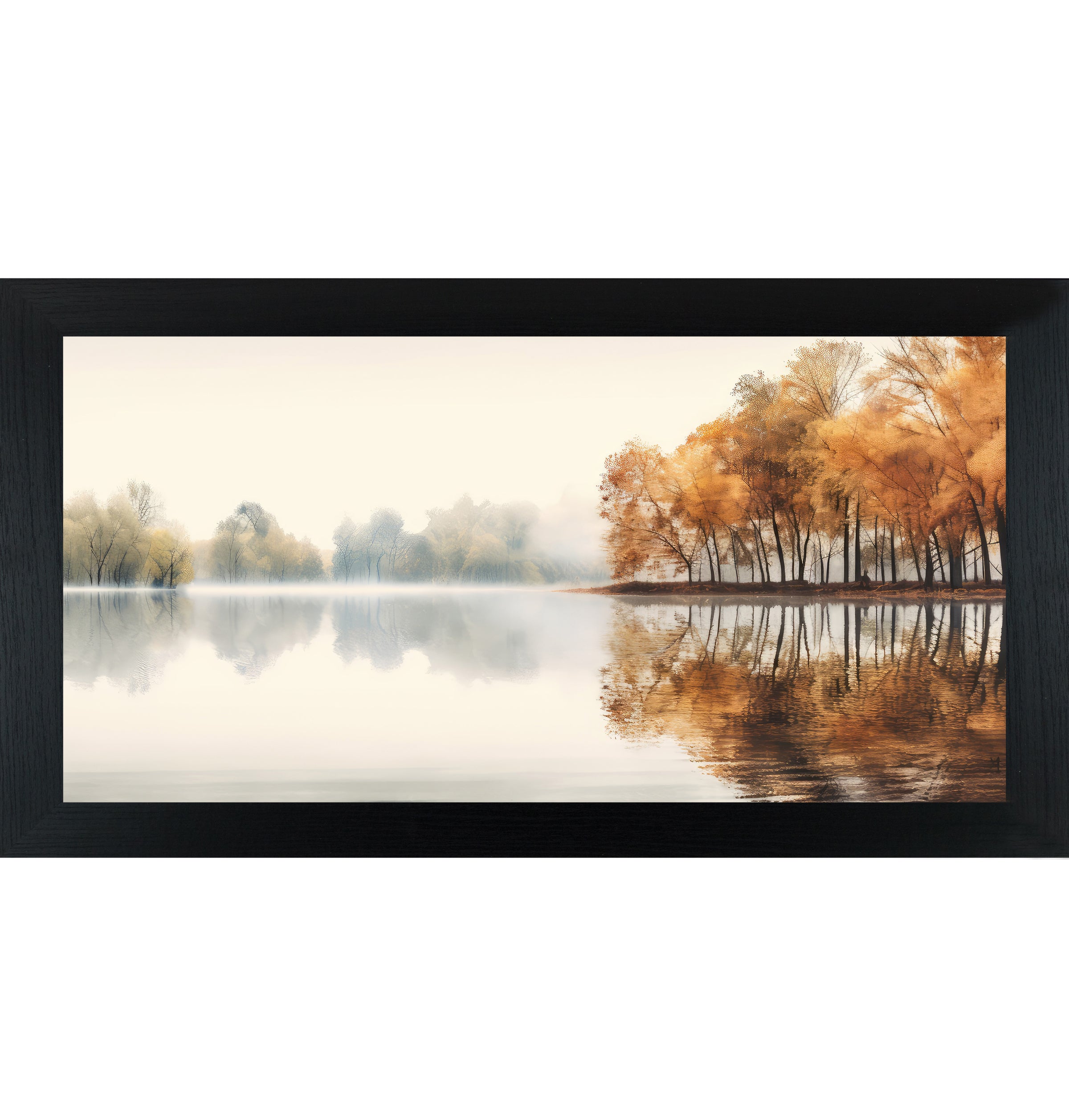 Black framed wide landscape fall wall art featuring a misty autumn lake with amber and copper trees reflecting perfectly in still glassy water — Autumn's Mirror NS620