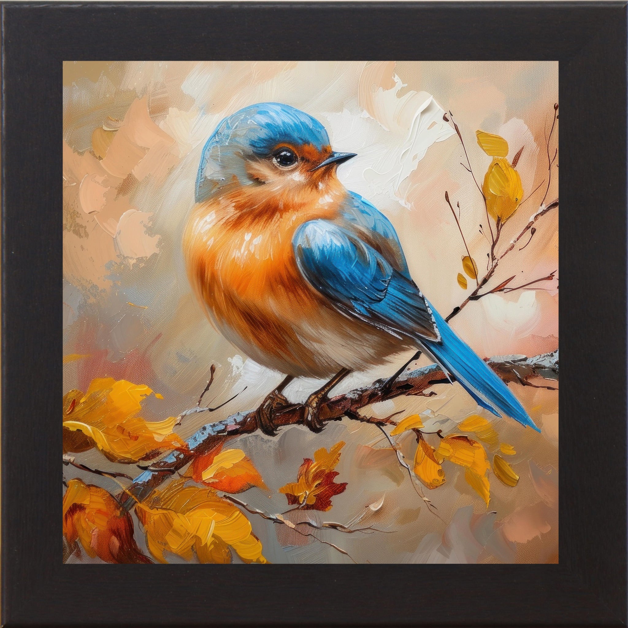Black framed square bluebird autumn wall art featuring vivid blue orange and cream bluebird in oil painted impasto style perched on autumn branch with golden amber and rust fall leaves on warm peach background — NS27
