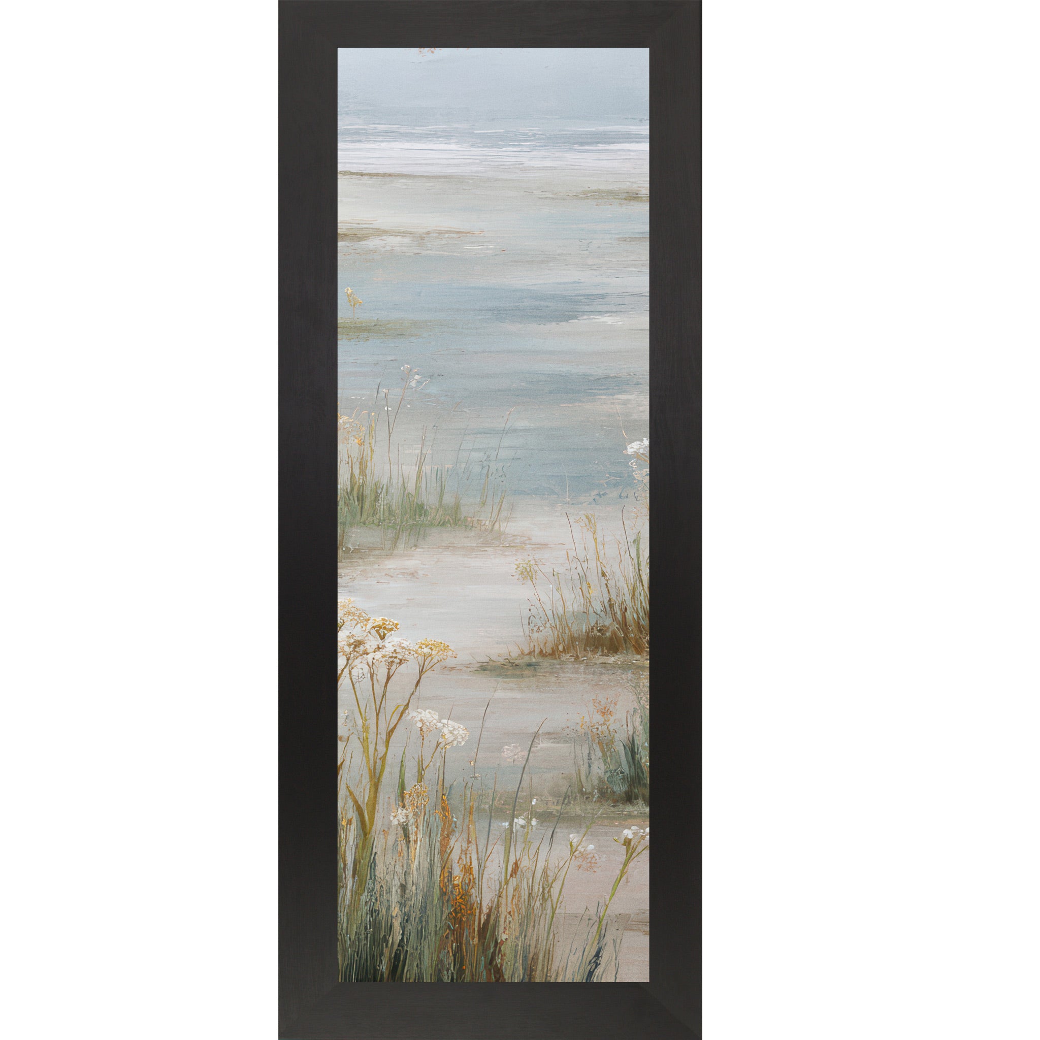 Black framed narrow portrait coastal marsh wall art with golden amber marsh grasses white wildflowers and open tidal flat water reflection — center panel of coastal triptych