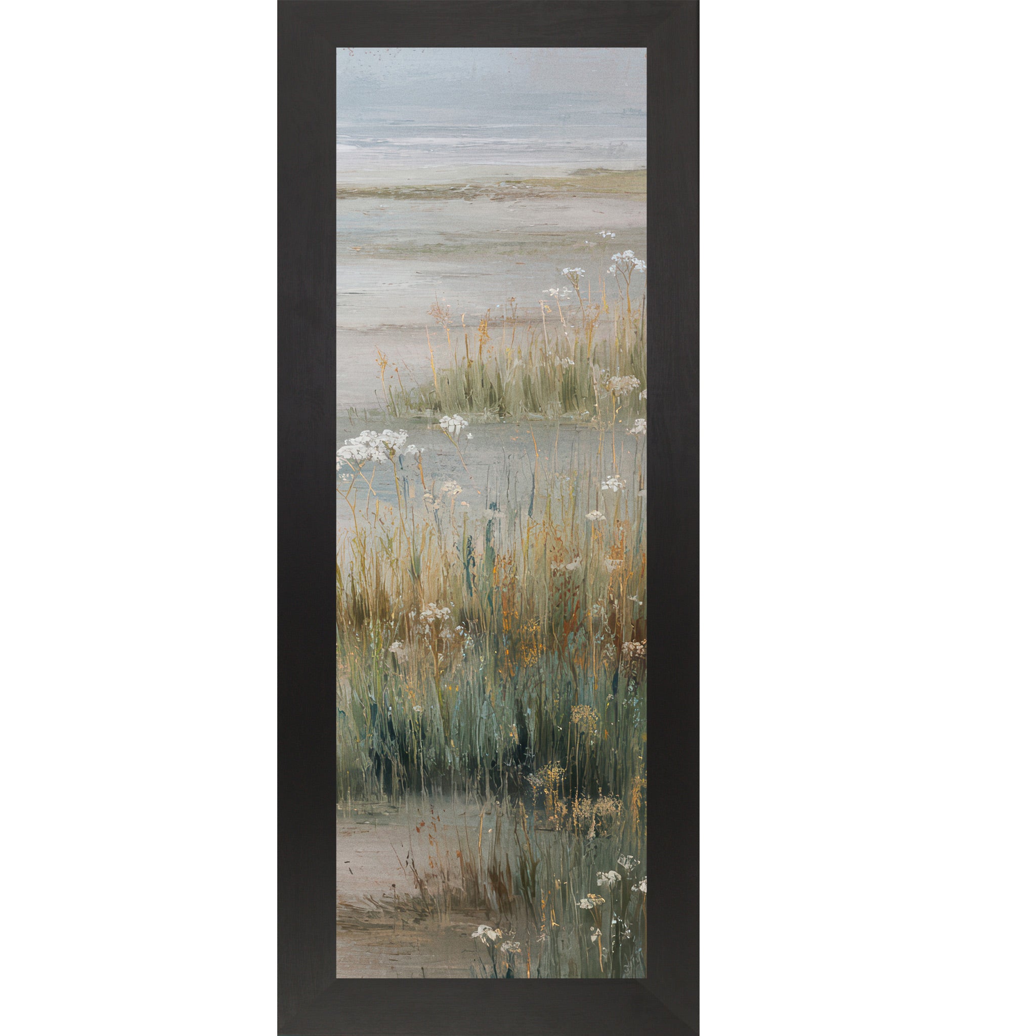 Black framed narrow portrait coastal marsh wall art with deep teal marsh grasses golden wildflowers white Queen Anne's Lace and misty tidal flat — right panel of coastal triptych