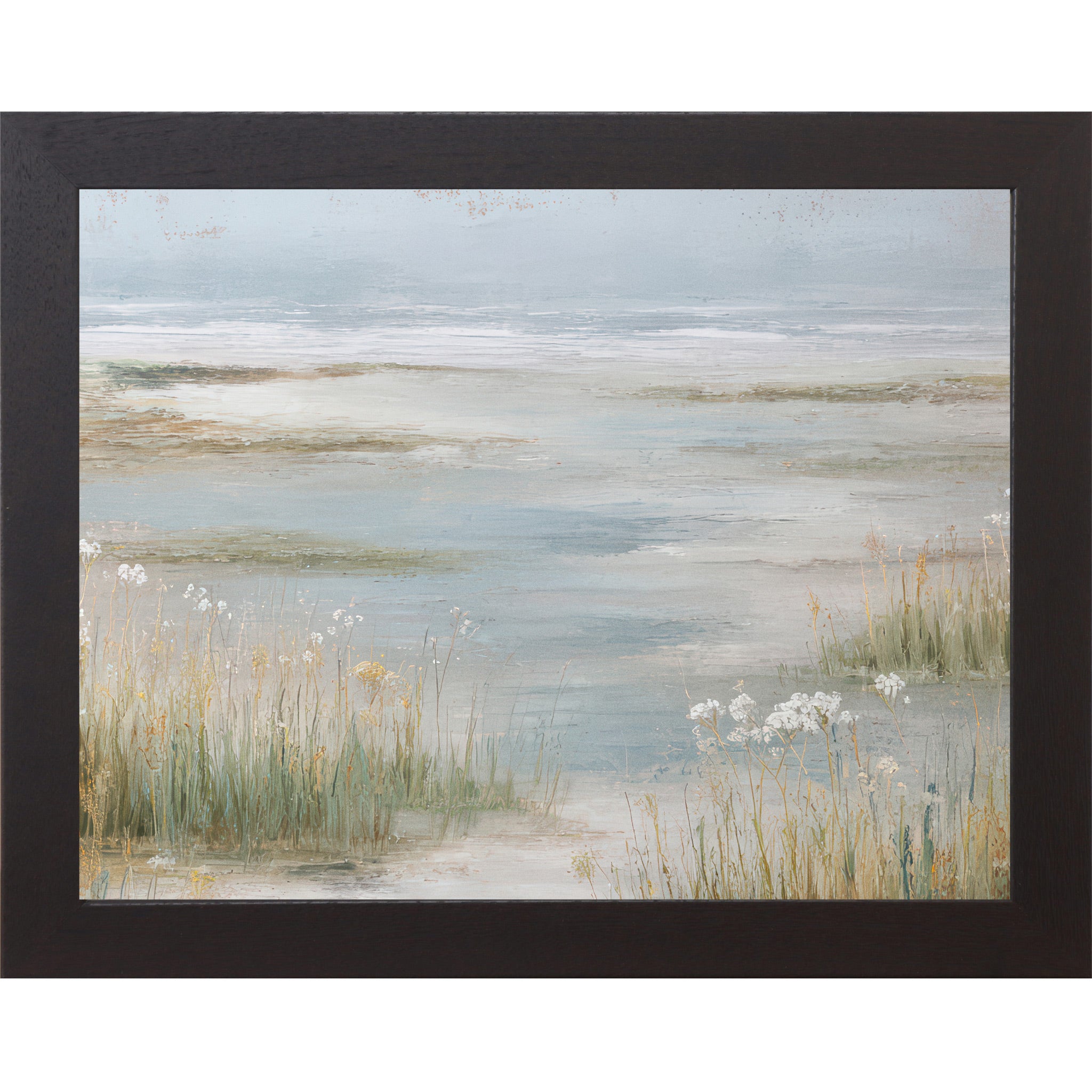 Black framed landscape coastal marsh wall art with tall tidal grasses Queen Anne's Lace wildflowers and misty steel blue tidal flats — neutral painterly wetland scenic decor