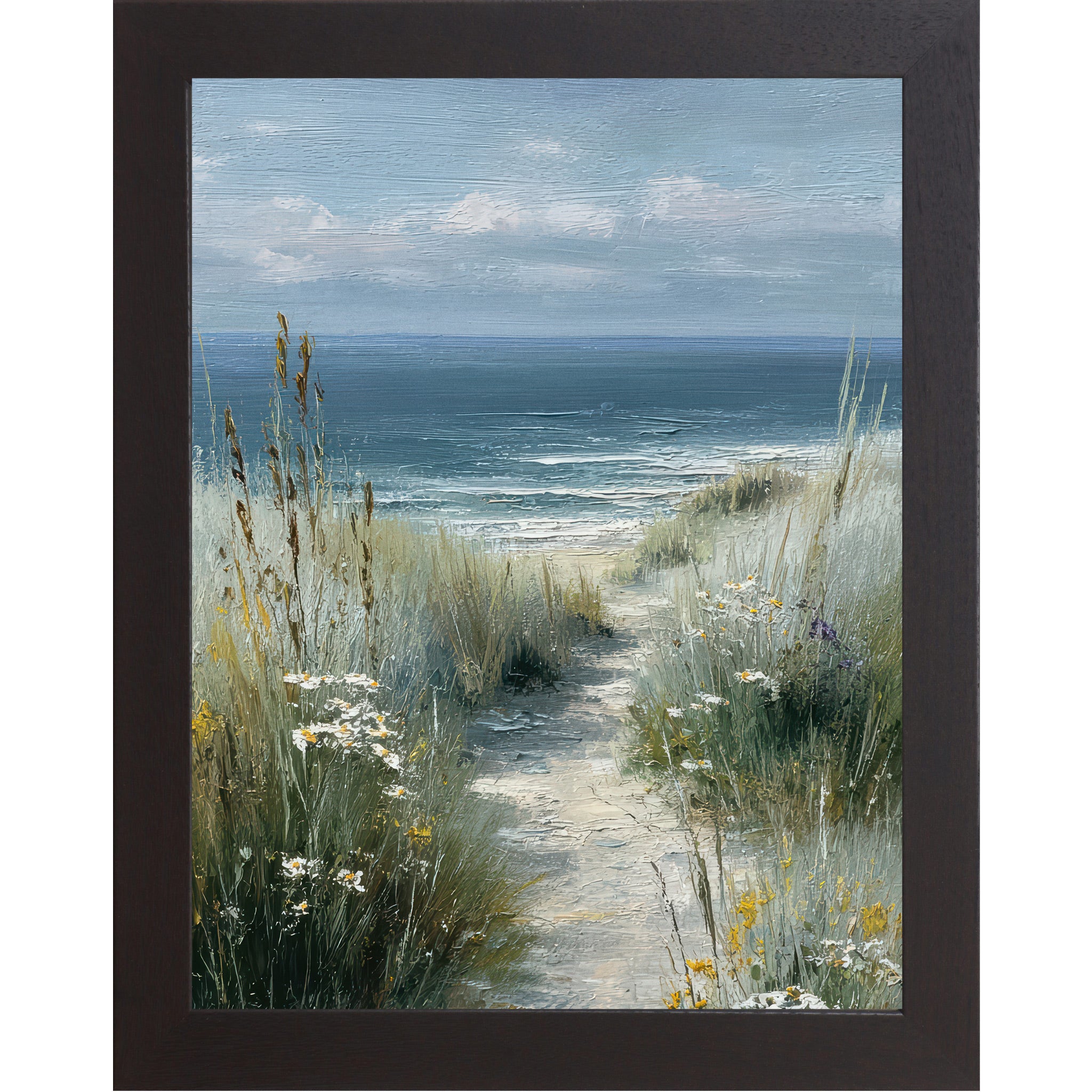 Black framed portrait coastal path wall art featuring a sandy beach path winding through tall sea grasses white daisies and yellow wildflowers toward deep teal ocean waves under a pale blue sky