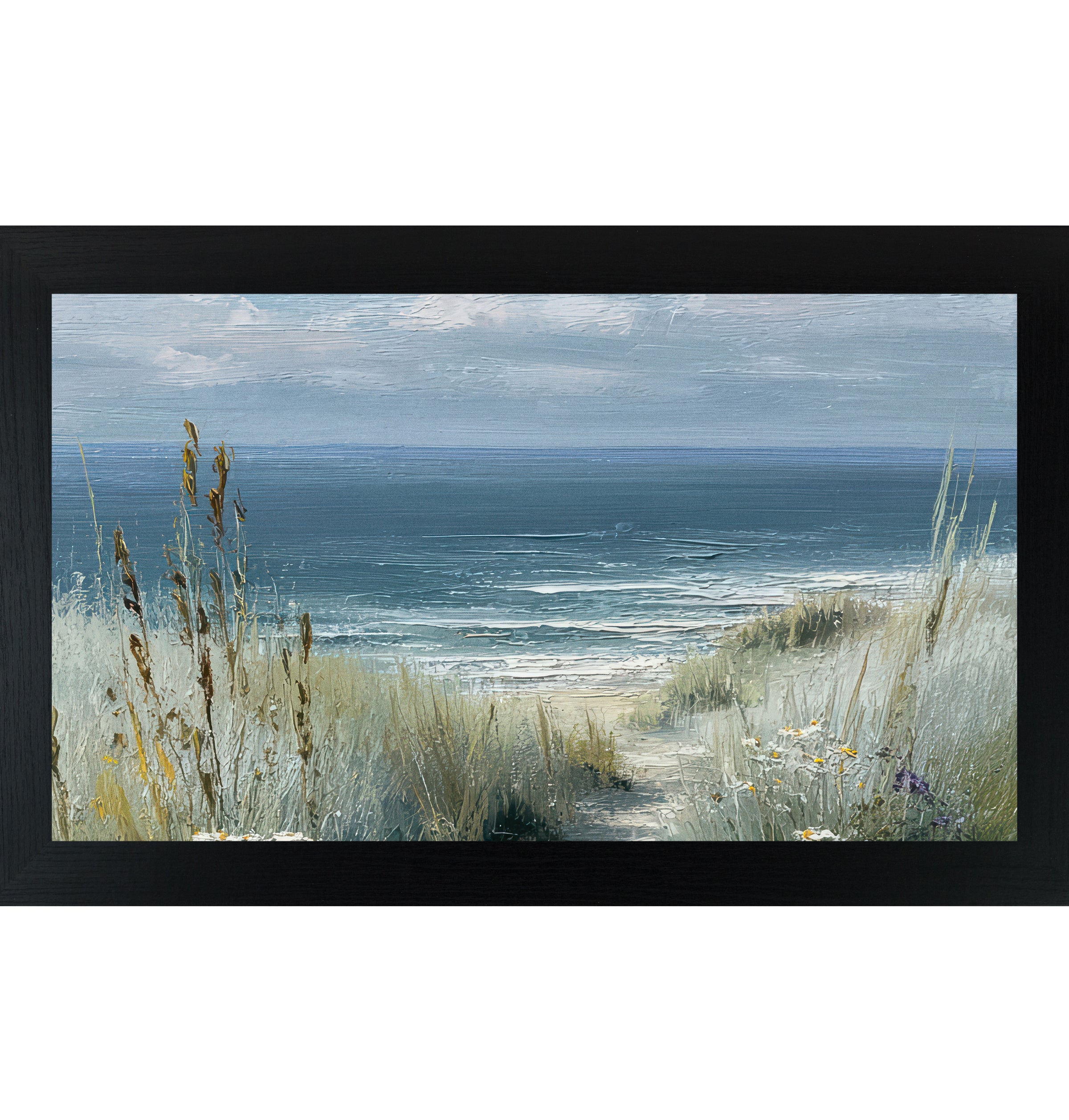 Black framed wide landscape coastal path wall art featuring golden cattails and sea grasses with white and yellow wildflowers framing a sandy beach path leading to deep teal ocean under a soft blue gray sky