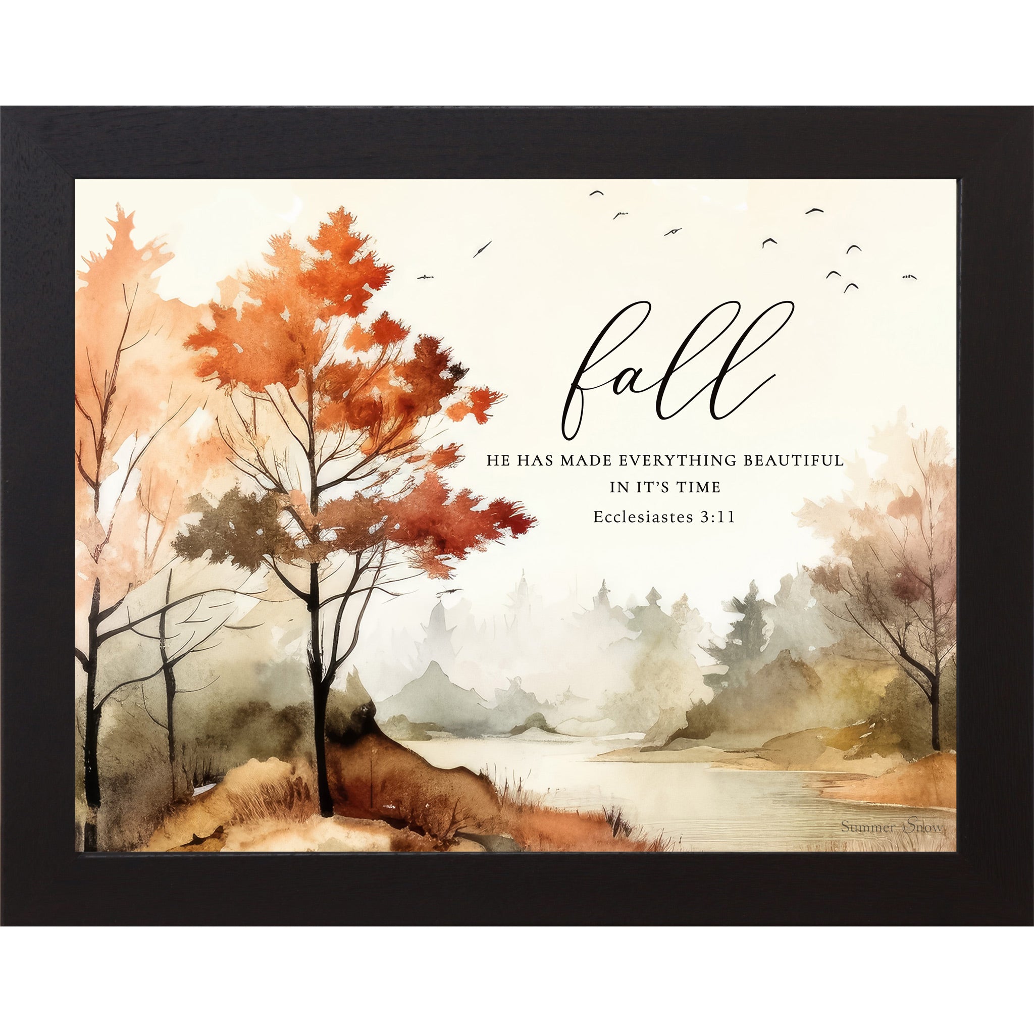 Black framed landscape fall scripture wall art featuring watercolor autumn trees and misty river valley with the words "fall He Has Made Everything Beautiful In Its Time Ecclesiastes 3:11" — SB249