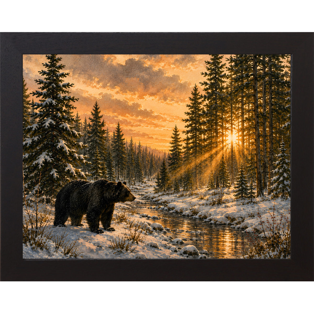 Black framed landscape wall art featuring a black bear walking along a sunlit forest creek at golden hour