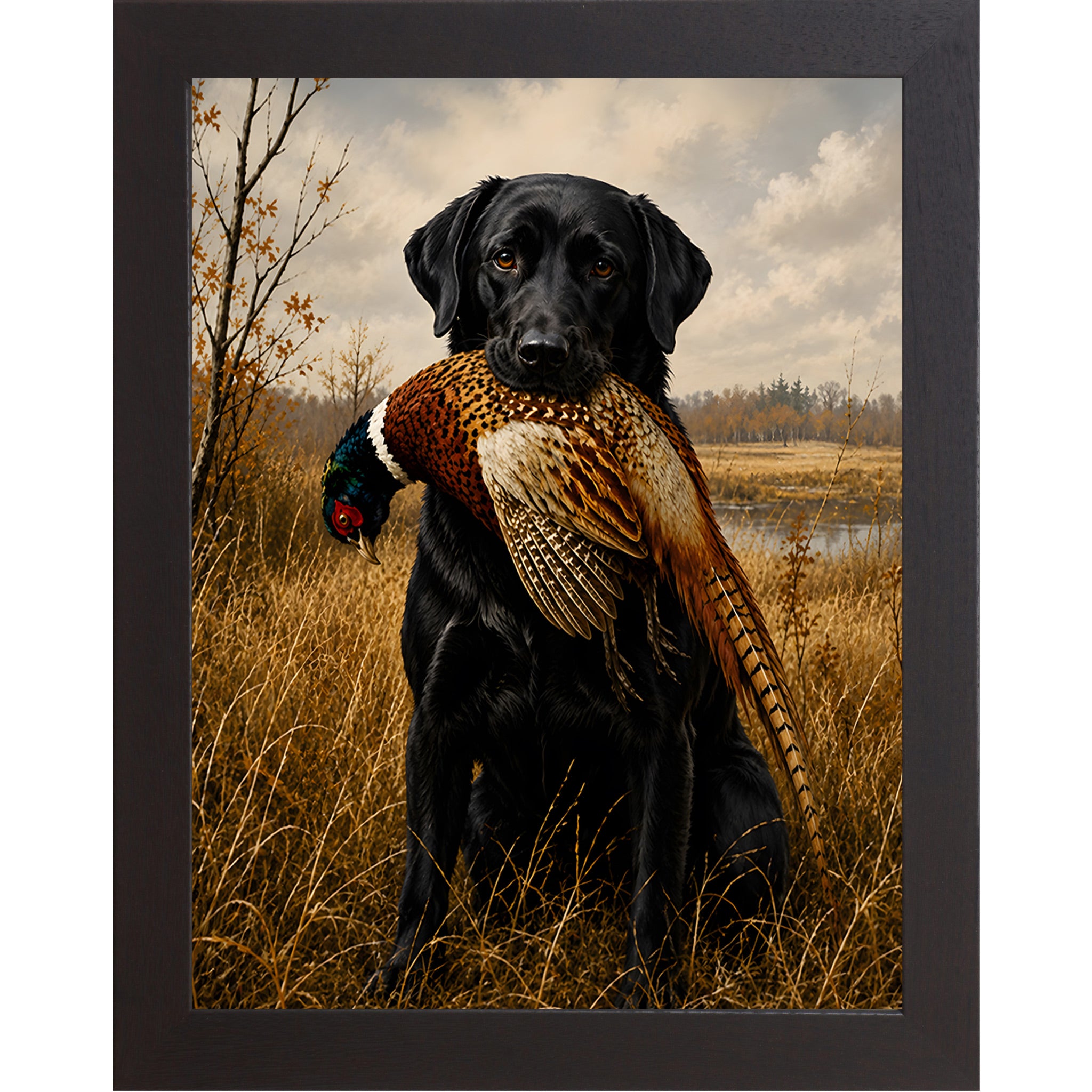 Black framed portrait heritage hunting dog wall art featuring a black Labrador holding a pheasant in a golden autumn field