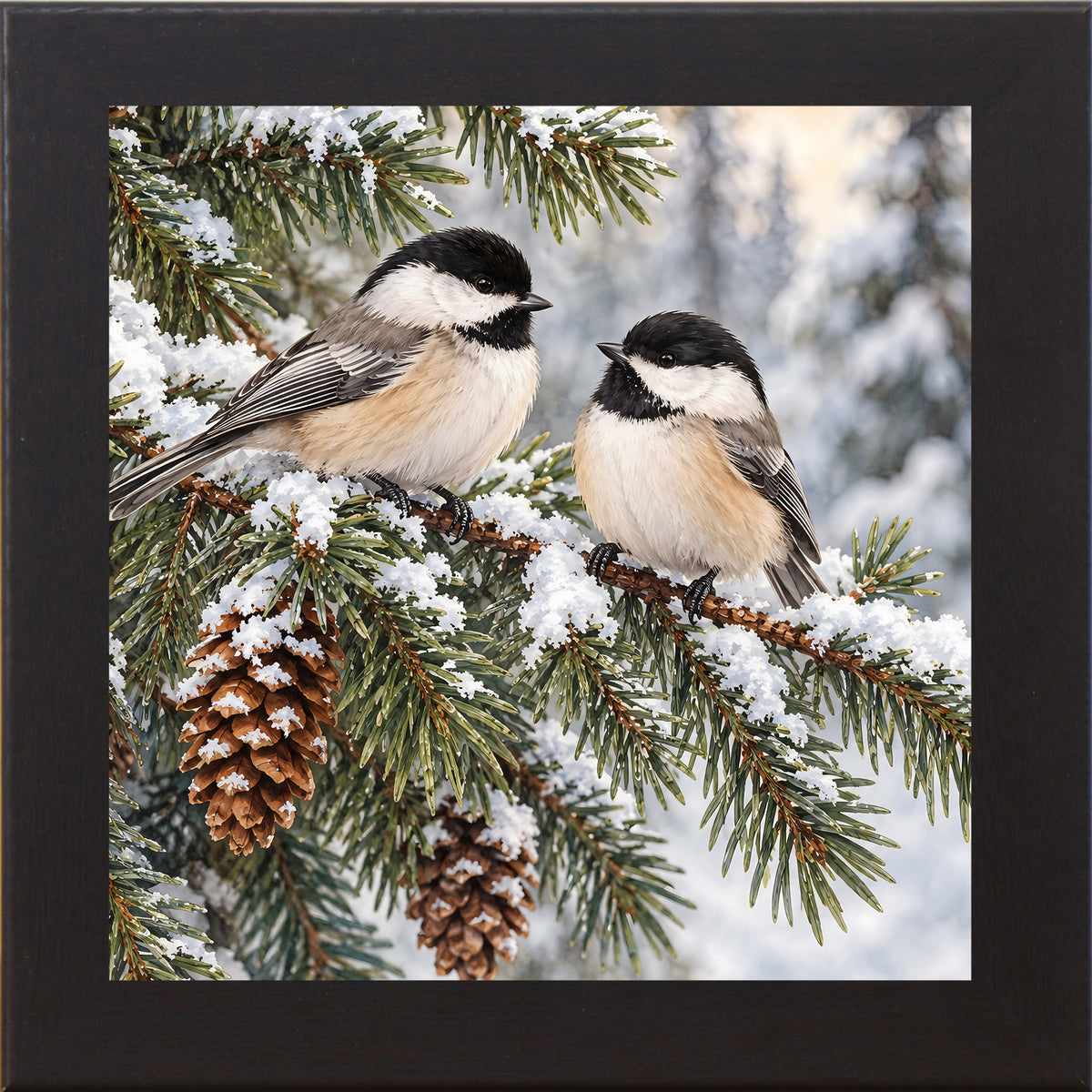 Black framed square winter chickadee wall art featuring two black-capped chickadees perched on a snowy pine branch with pinecones