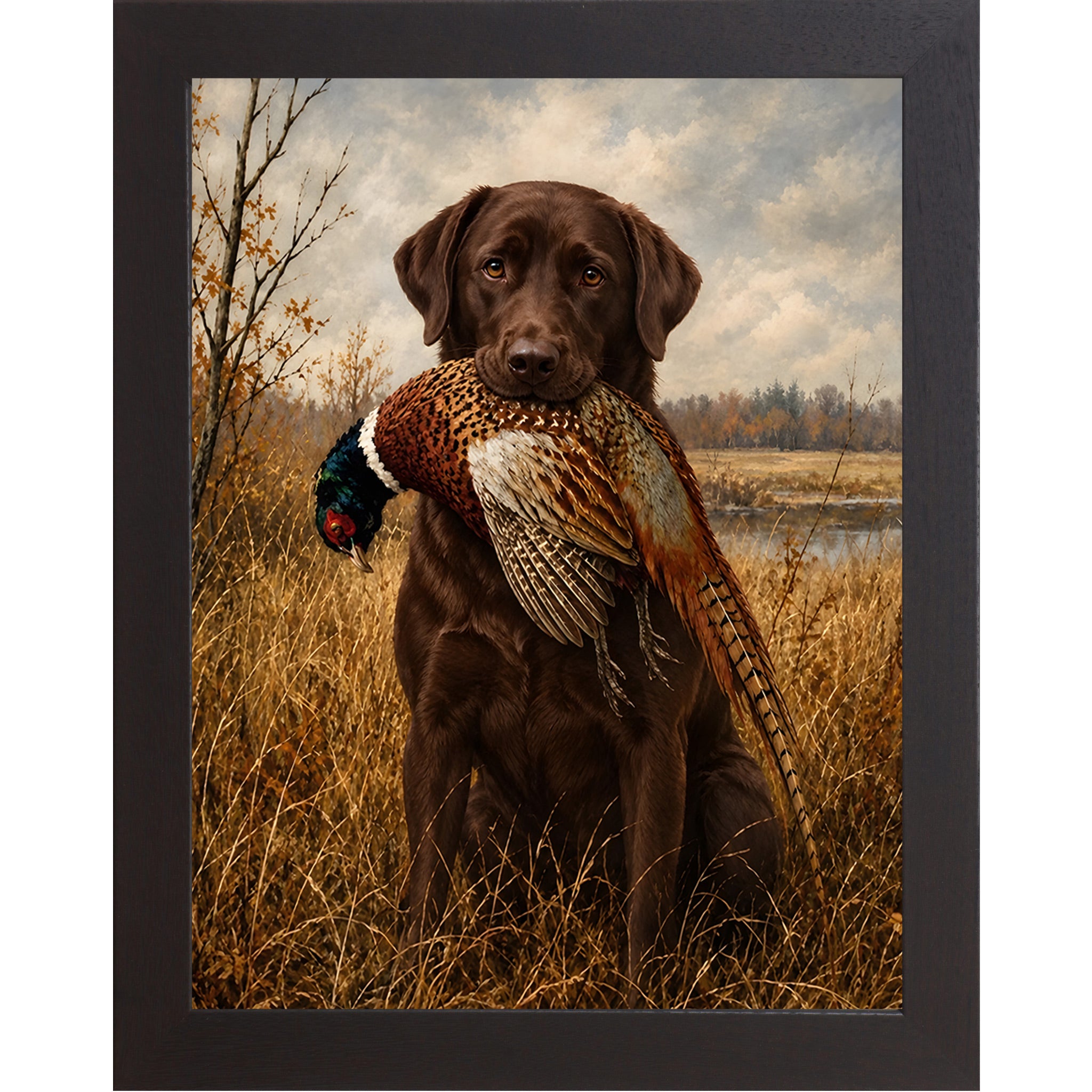 Black framed portrait heritage hunting dog wall art featuring a chocolate Labrador holding a pheasant in a golden autumn field