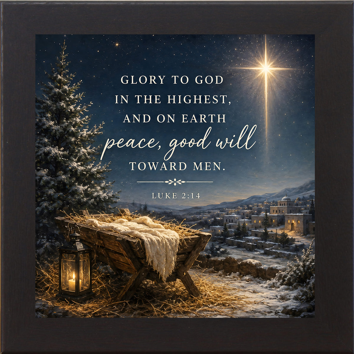 "Glory to God in the Highest nativity wall art in a black frame, featuring Luke 2:14 scripture, starry night sky, and snowy pine tree"