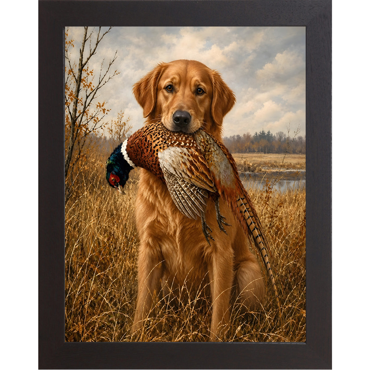 Black framed portrait heritage hunting dog wall art featuring a golden retriever holding a pheasant in a golden autumn field