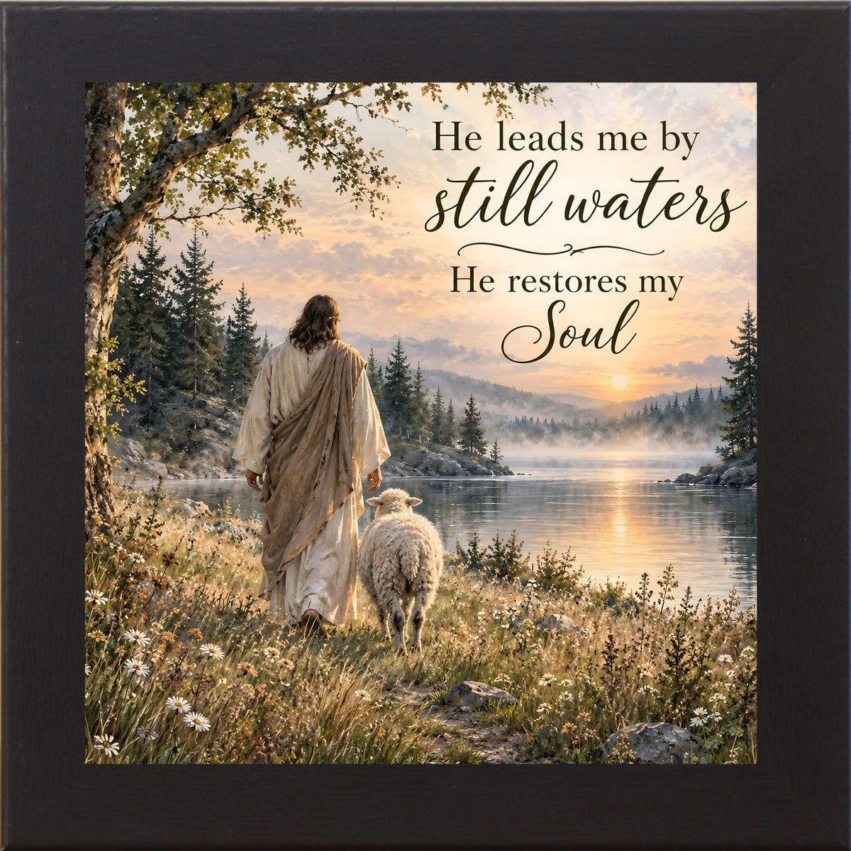 Black framed square Christian wall art featuring Christ walking beside a lamb at a sunset lake with the words "He Leads Me By Still Waters He Restores My Soul"