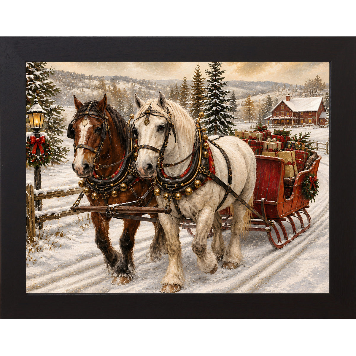 Black framed landscape heritage Christmas wall art featuring two draft horses pulling a red sleigh piled with presents through a snowy country lane