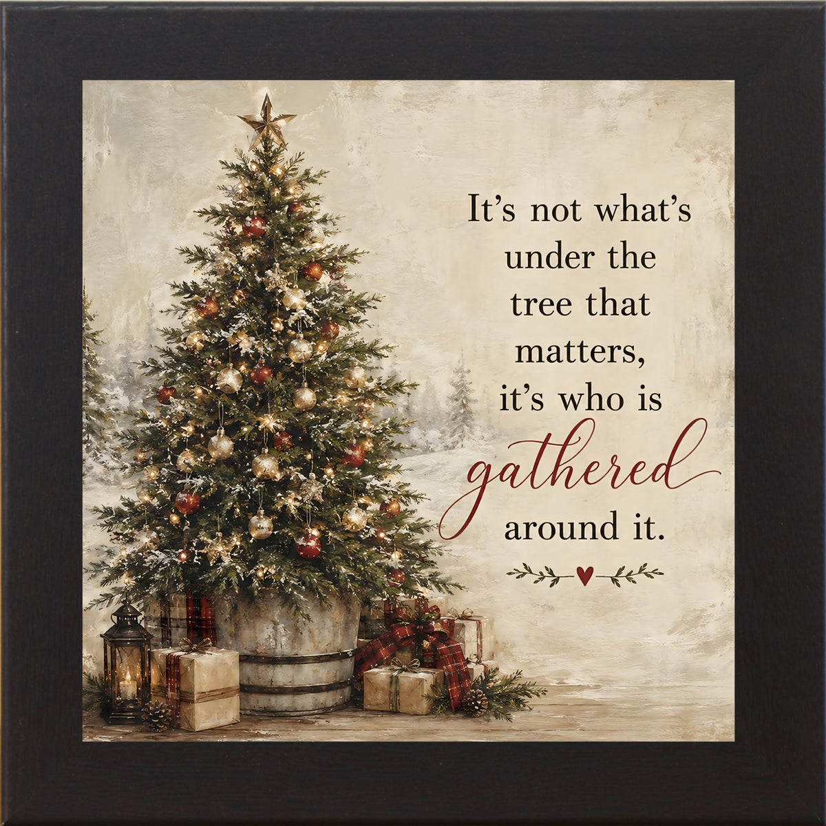 It's Not What's Under the Tree wall art in black frame, Christmas tree with gifts