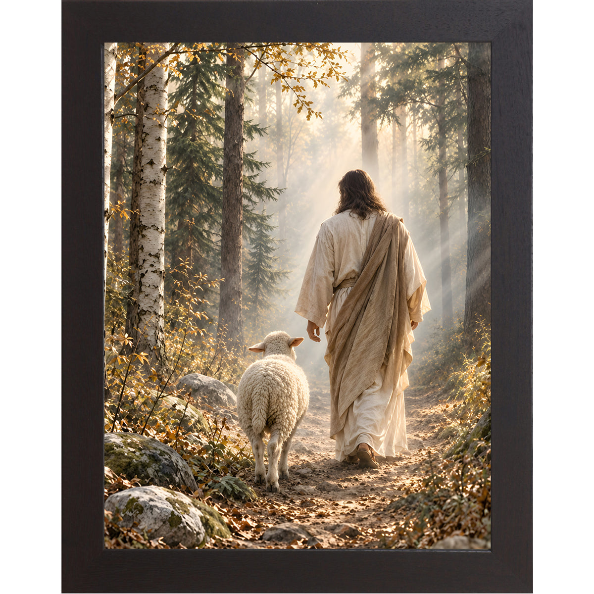 Black framed portrait Christian wall art featuring Jesus walking a golden-lit forest path from behind with a white sheep at his side