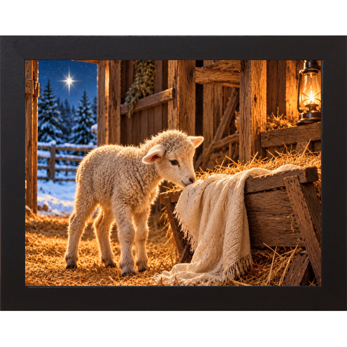 Black framed landscape nativity wall art featuring a newborn lamb beside a wooden manger with hay, a lantern, and the Star of Bethlehem over snowy pines