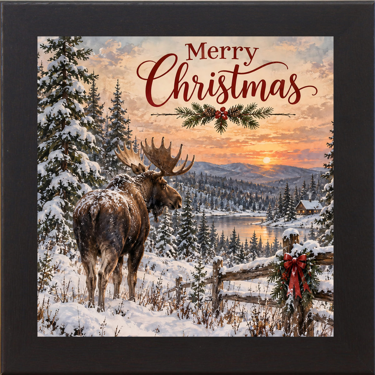Black framed square Christmas wall art featuring a moose beside a frozen lake at sunset with the words "Merry Christmas"