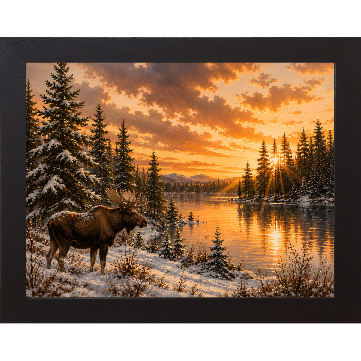 Black framed landscape wall art featuring a moose standing along a sunlit snowy lakeshore at golden hour