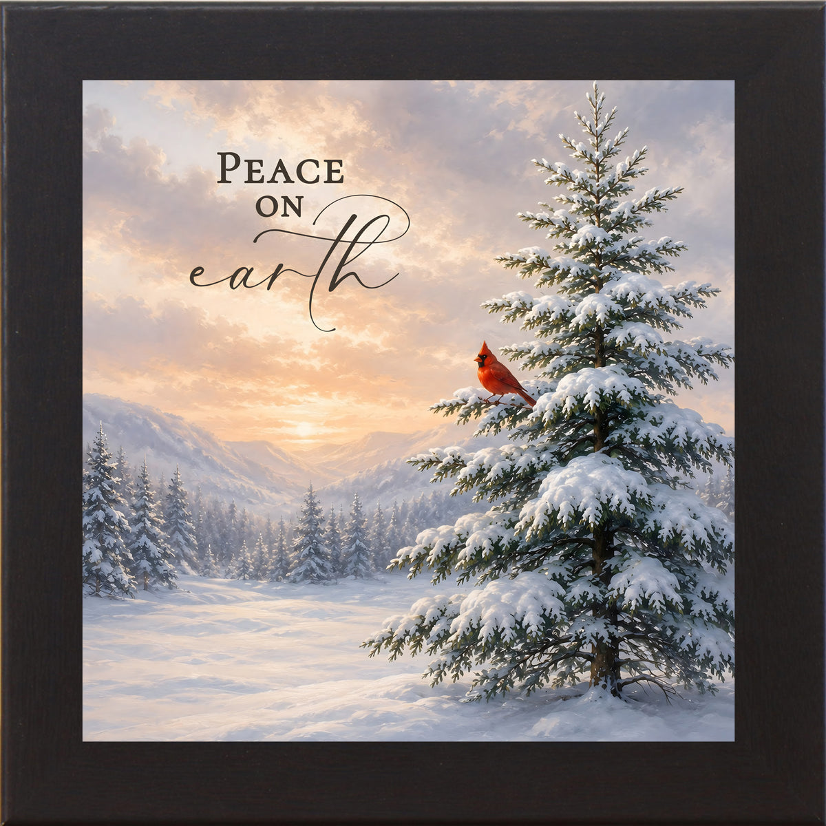 Peace on Earth wall art in black frame, cardinal on snowy pine at sunset