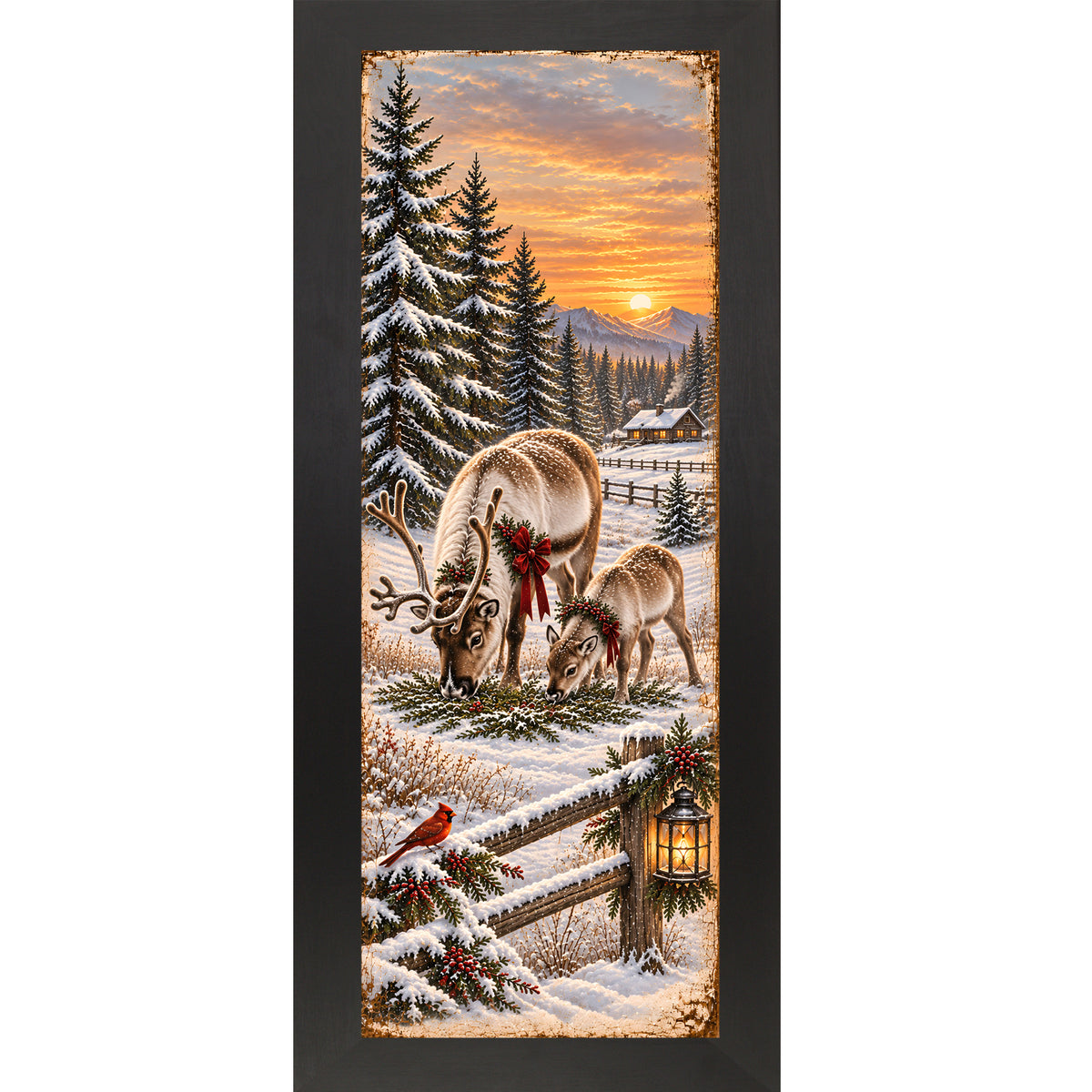 Reindeer and cardinal wall art in black frame, reindeer and fawn at sunset with cardinal