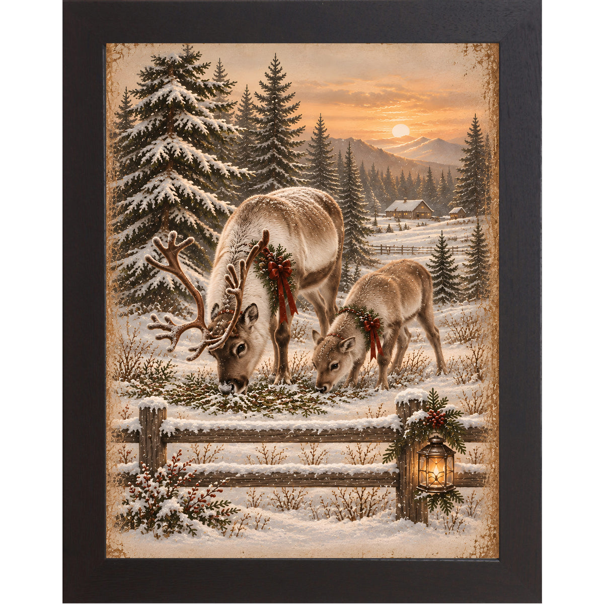Reindeer at sunset wall art in black frame, reindeer and fawn at golden sunset