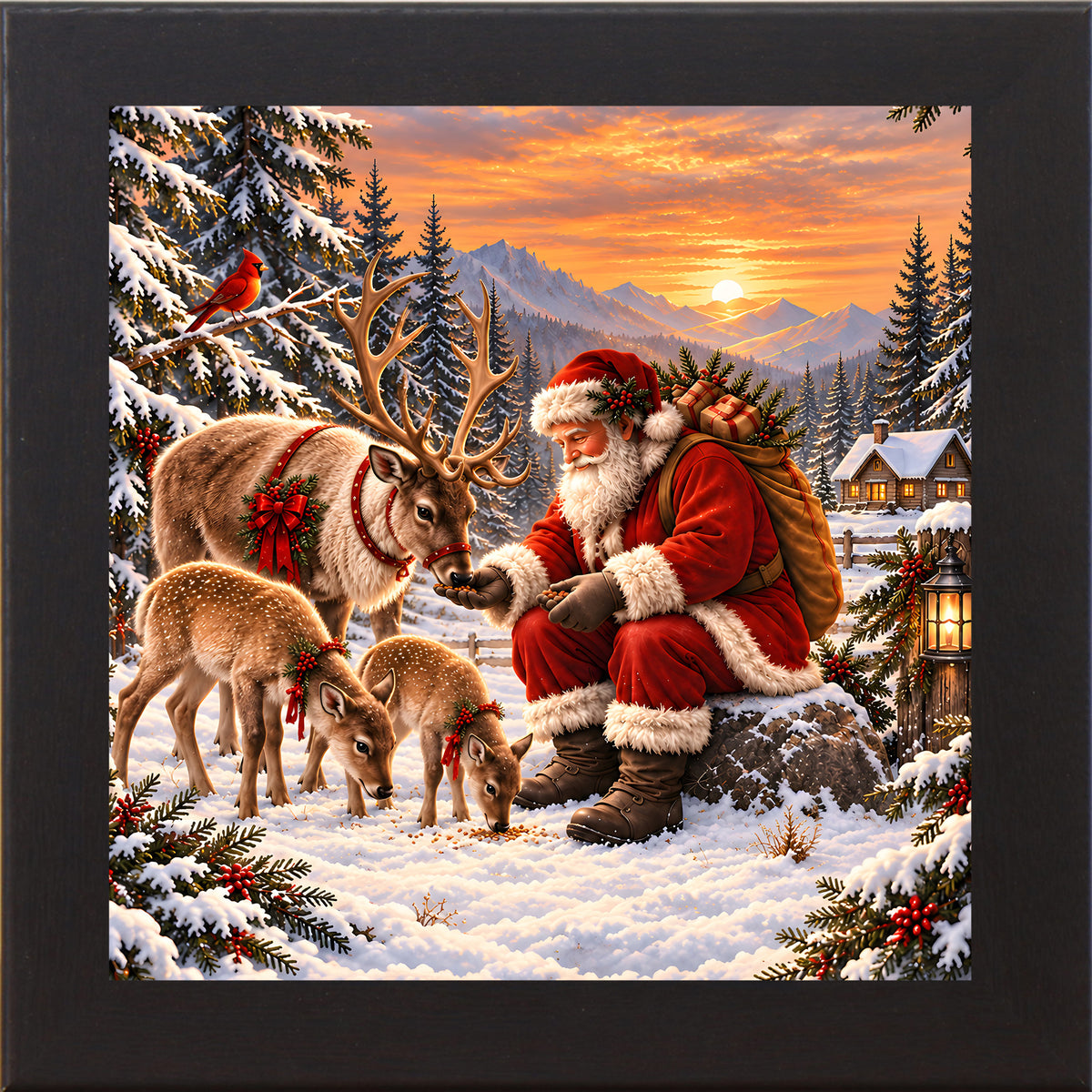 Santa feeding his reindeer wall art in black frame, Santa with reindeer and fawns