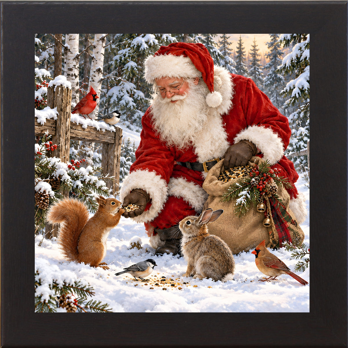 Black framed square Santa Claus Christmas wall art featuring Santa feeding a squirrel, rabbit, chickadee, and cardinal in a snowy forest