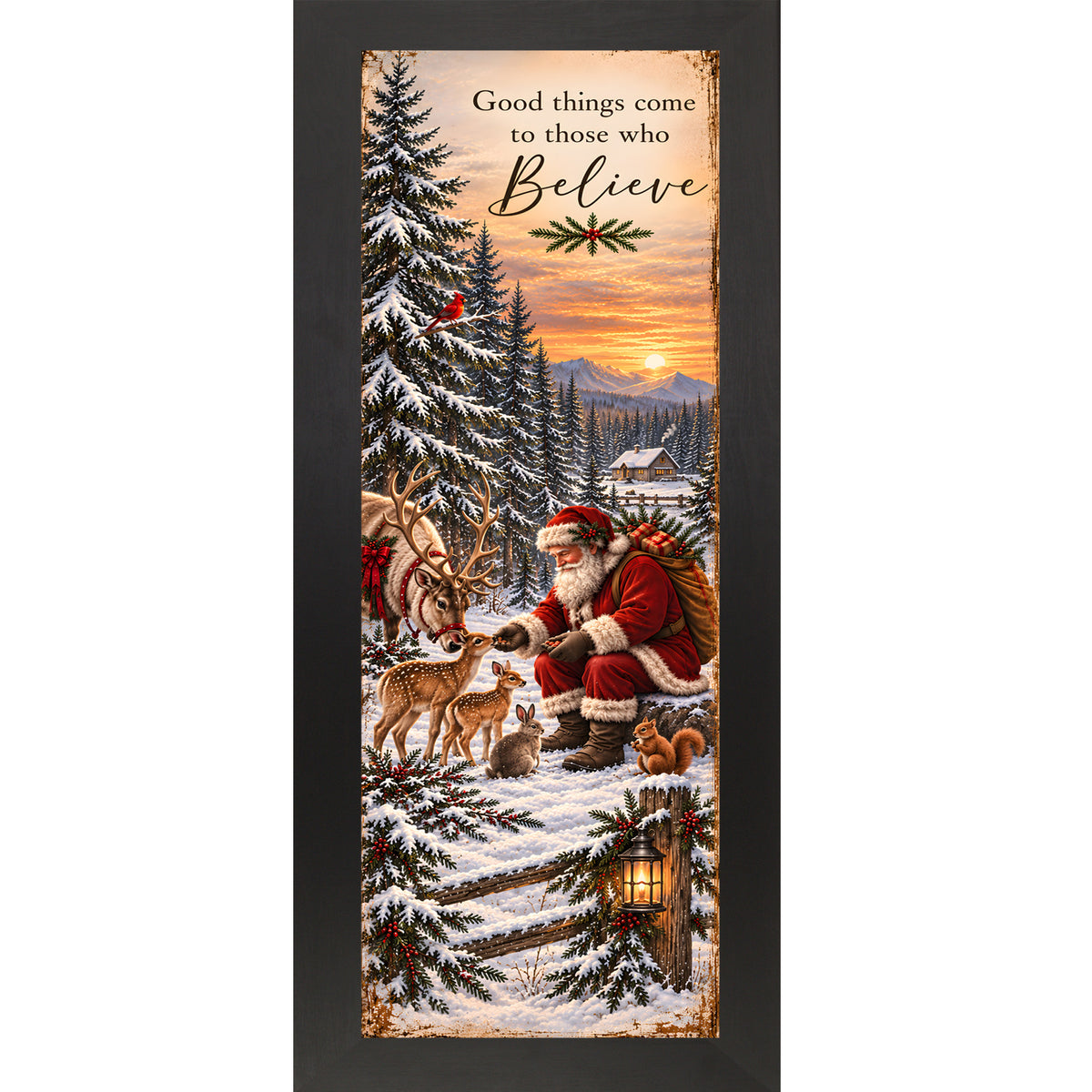Santa feeding the animals wall art in black frame, reindeer and fawns at sunset