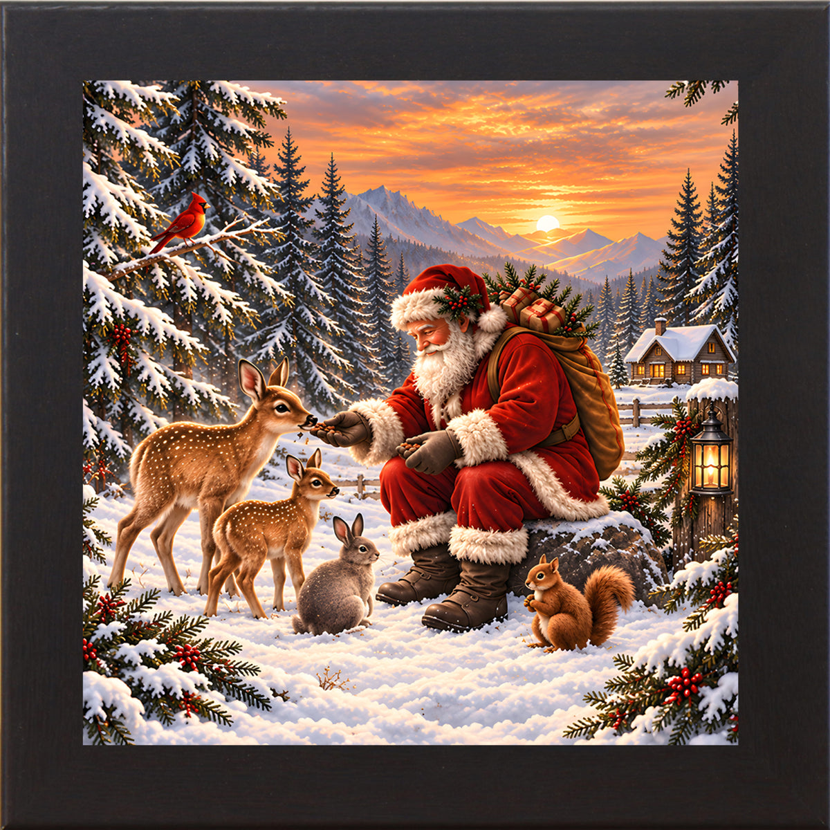 Santa feeding forest animals wall art in black frame, Santa with rabbit and squirrel