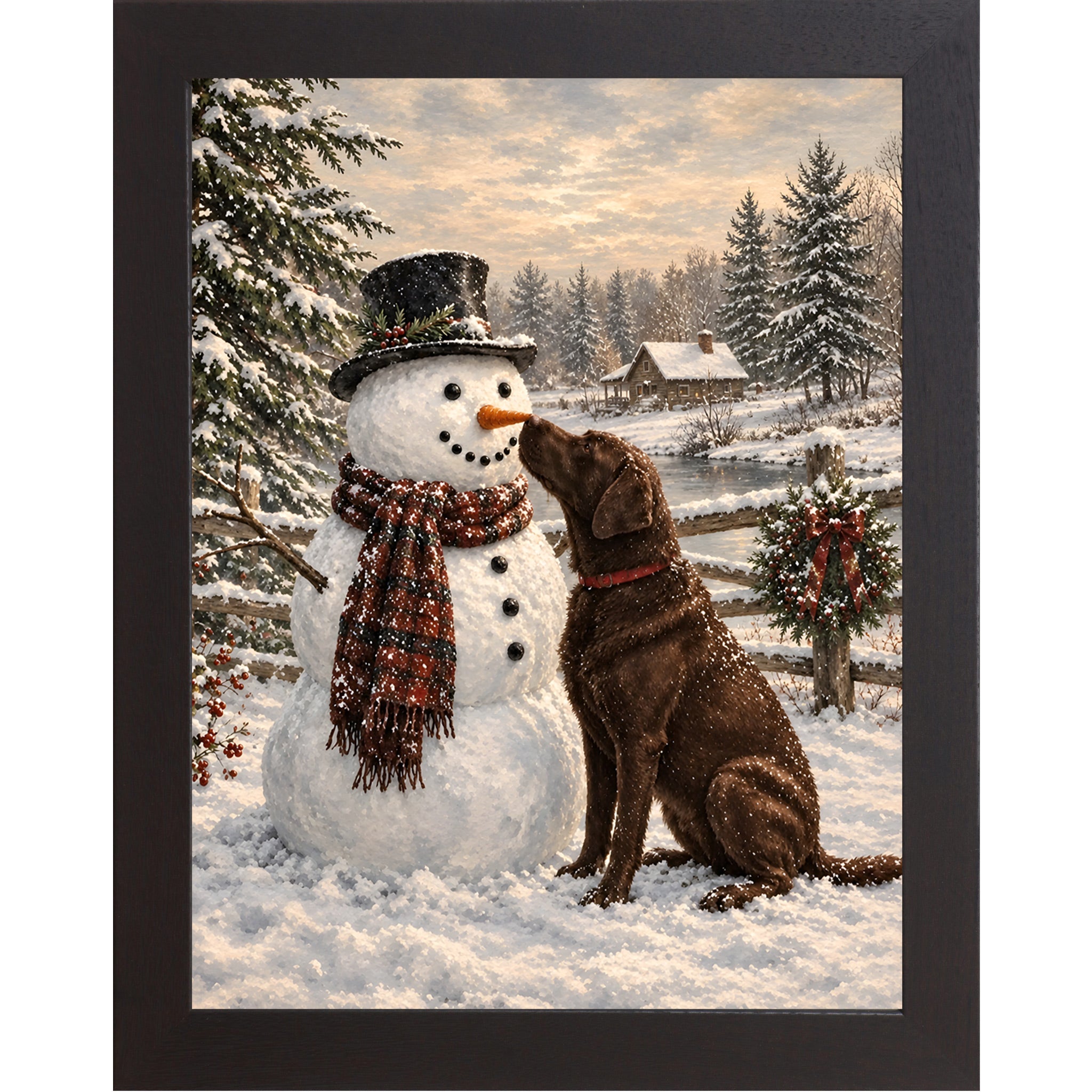 Black framed portrait heritage Christmas wall art featuring a chocolate Labrador nosing a top-hatted snowman in a plaid scarf against a snowy countryside scene