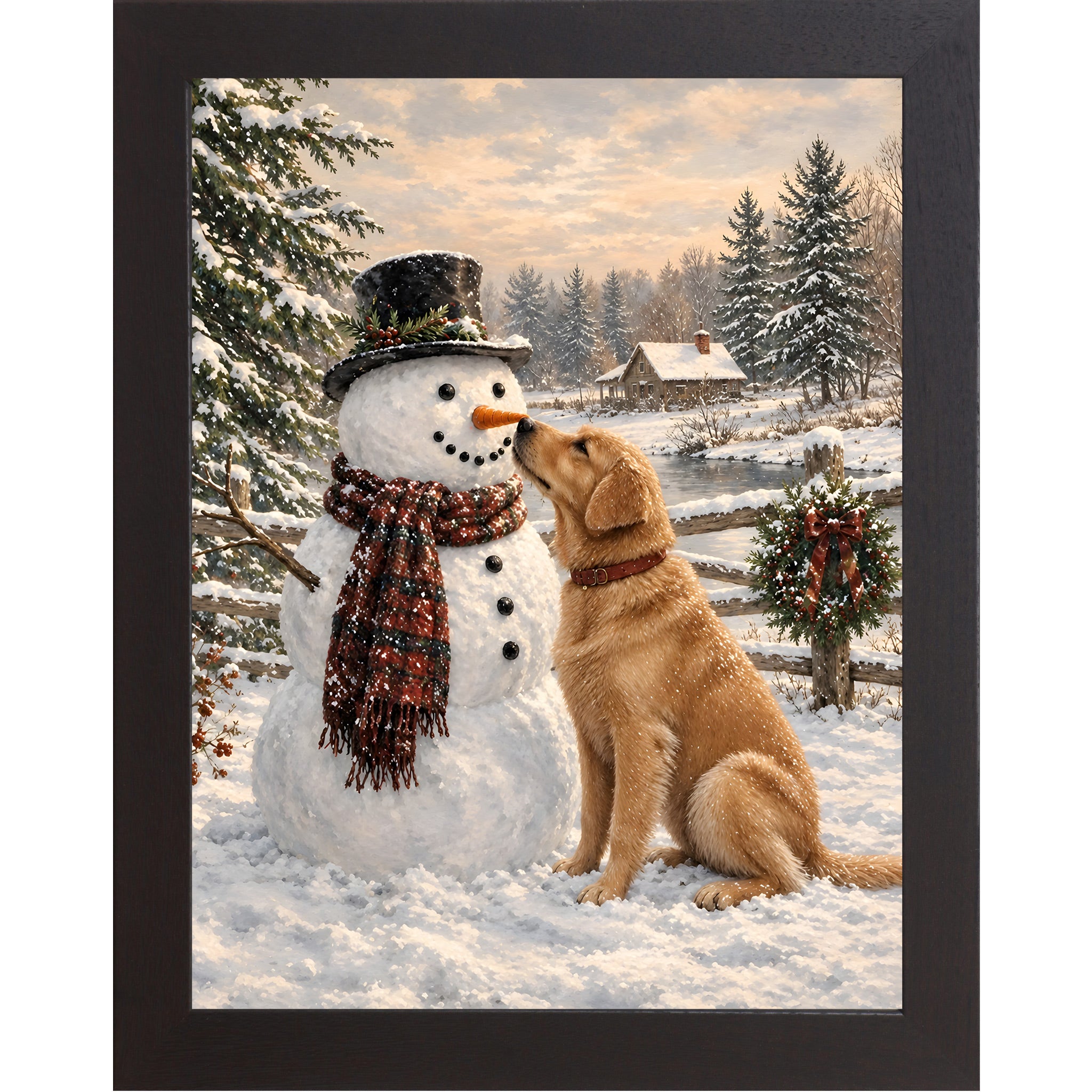 Black framed portrait heritage Christmas wall art featuring a golden retriever nosing a top-hatted snowman in a plaid scarf against a snowy countryside scene