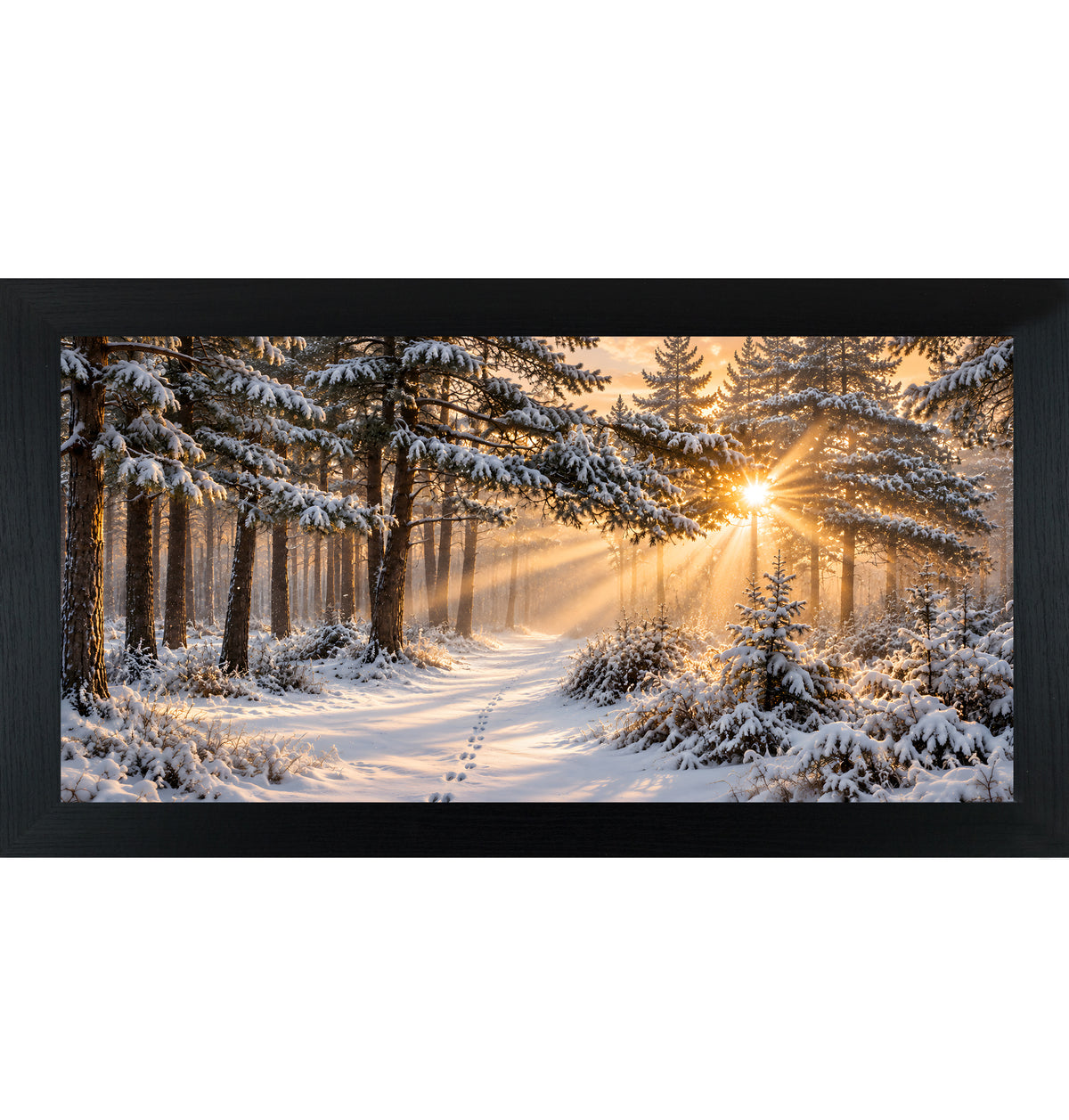 Snowy forest sunrise wall art in a black frame, snow-covered pines and golden morning light