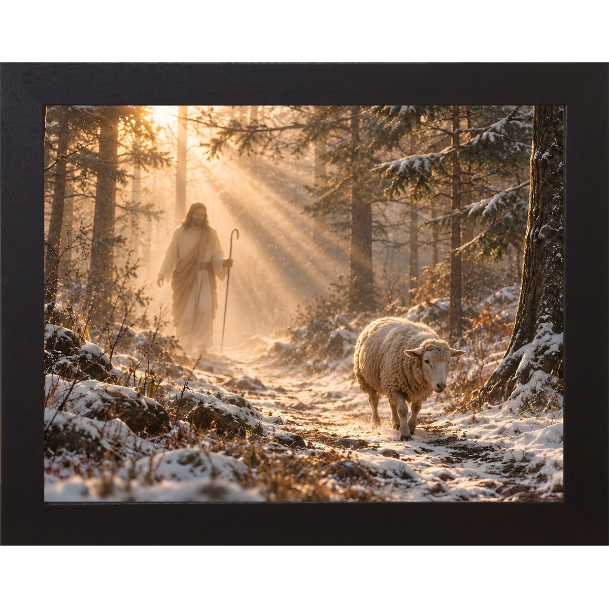 Black framed landscape Christian wall art featuring Christ walking a snow-covered forest path with a sheep following behind
