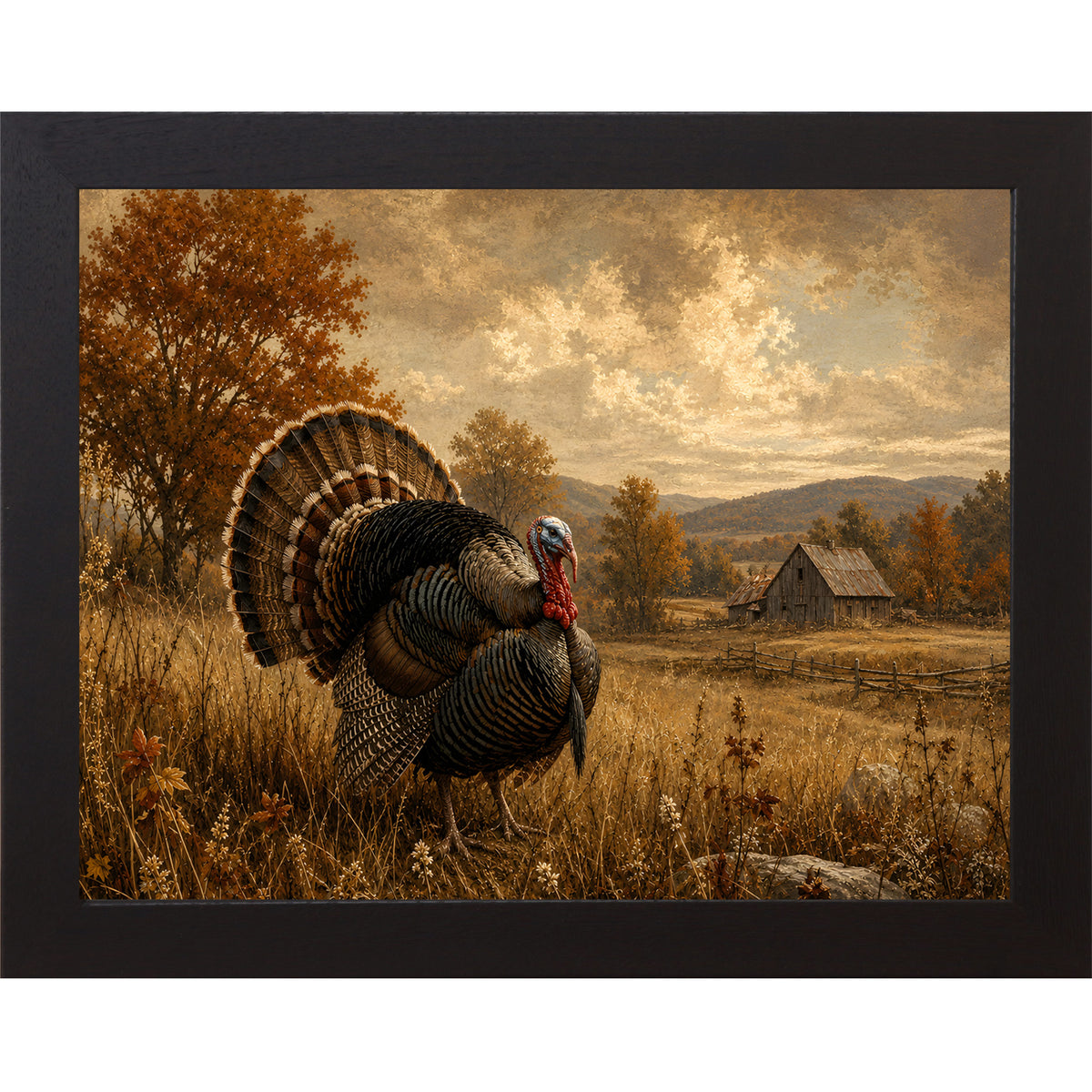 Black framed landscape vintage sporting wall art featuring a wild turkey in full fan display standing in a golden autumn field with a barn in the distance