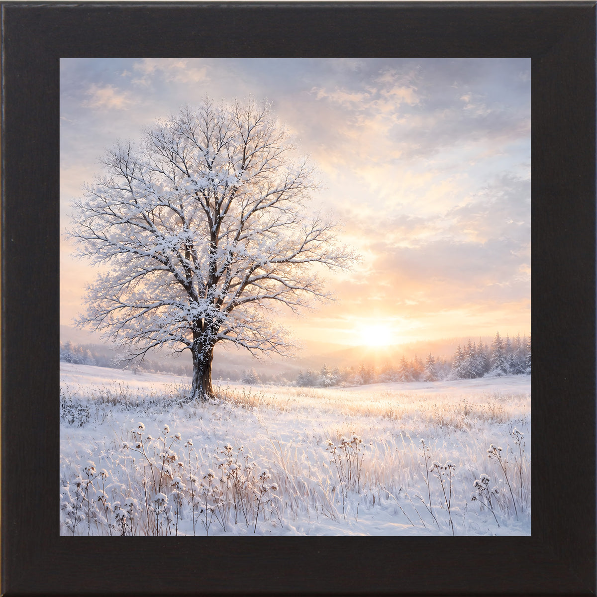 Black framed square winter wall art featuring a snow-dusted tree against a glowing sunset over a snowy field