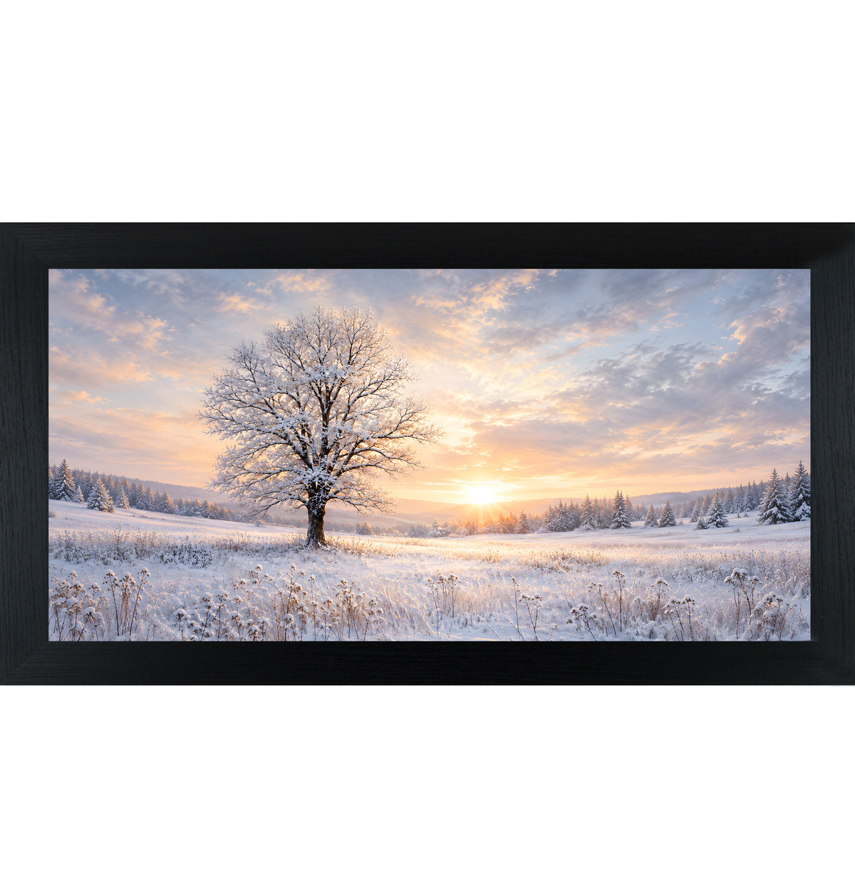 Black framed wide panoramic winter wall art featuring a snow-dusted tree against a glowing sunset stretching across a snowy field