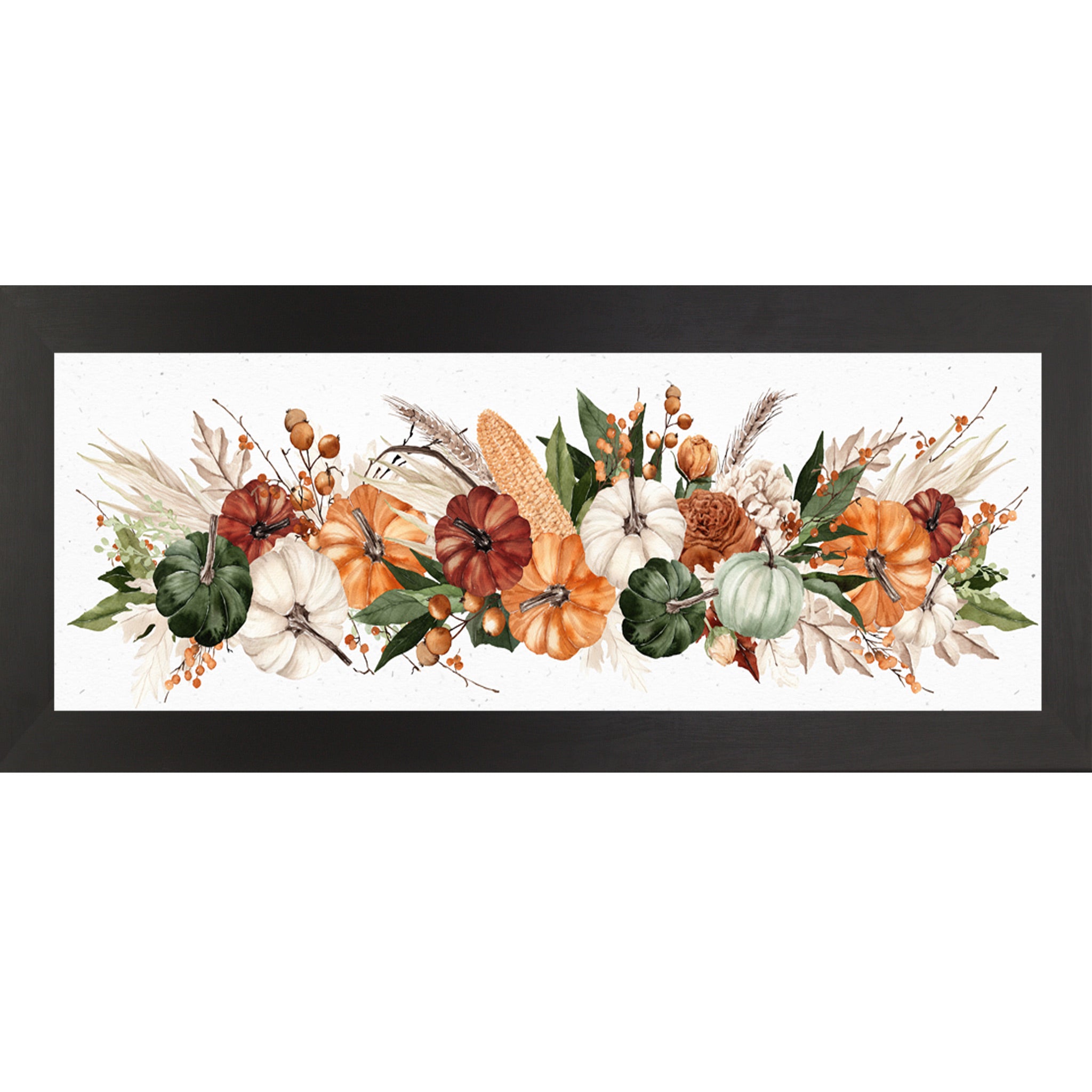 Black framed wide landscape harvest wall art featuring panoramic watercolor autumn pumpkins corn wheat berries and dried florals — Harvest Wide Landscape SB949