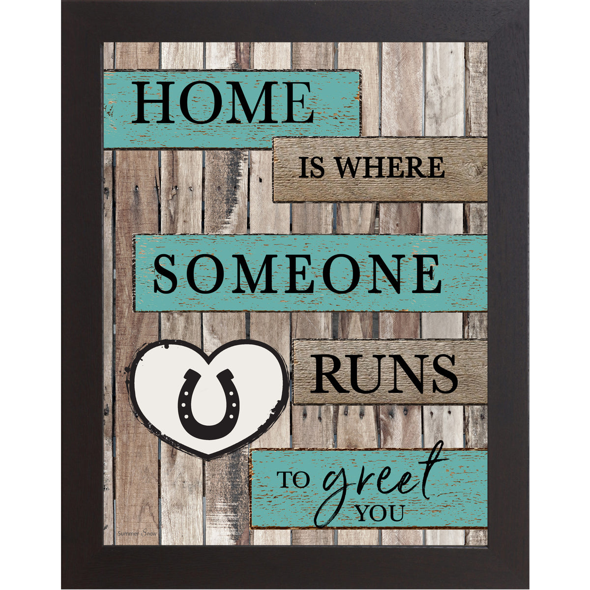 Black framed portrait rustic pallet wood horse wall art with turquoise and wood plank banners reading Home Is Where Someone Runs to Greet You with a white horseshoe heart icon