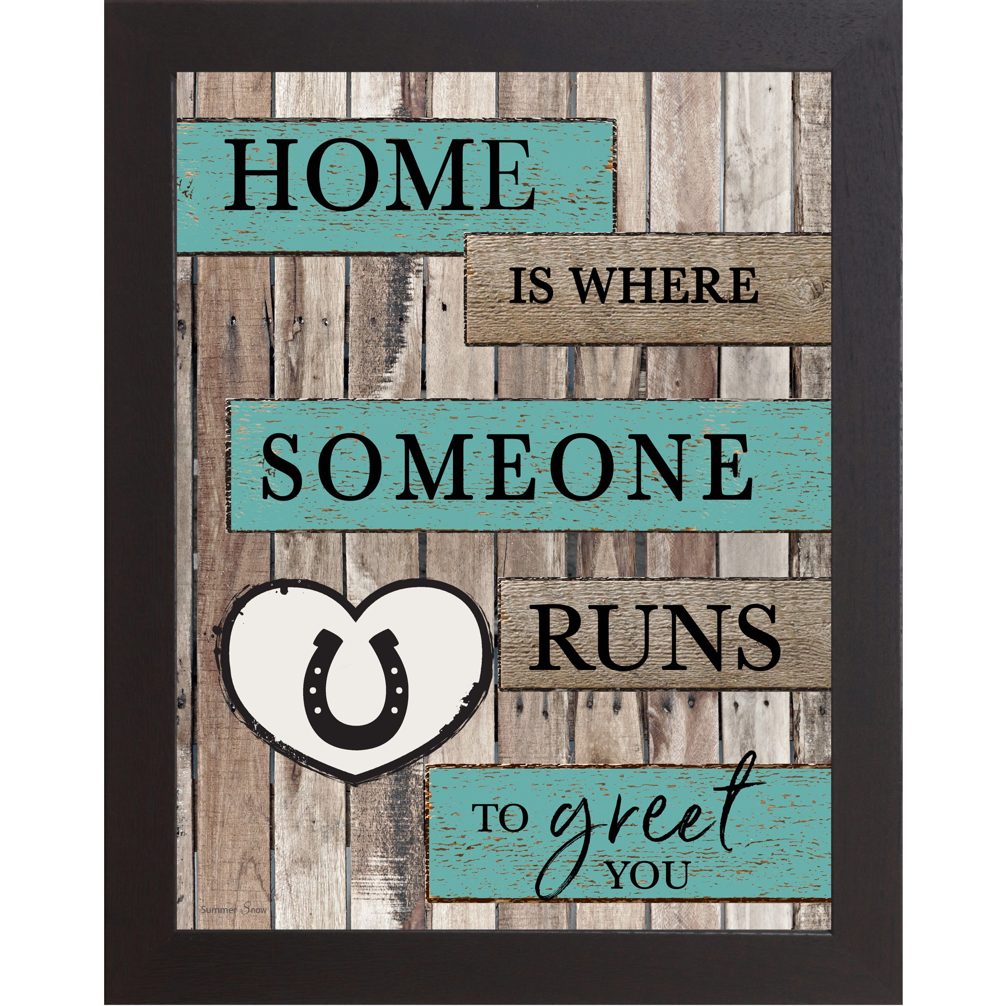 Black framed portrait rustic pallet wood horse wall art with turquoise and wood plank banners reading Home Is Where Someone Runs to Greet You with a white horseshoe heart icon